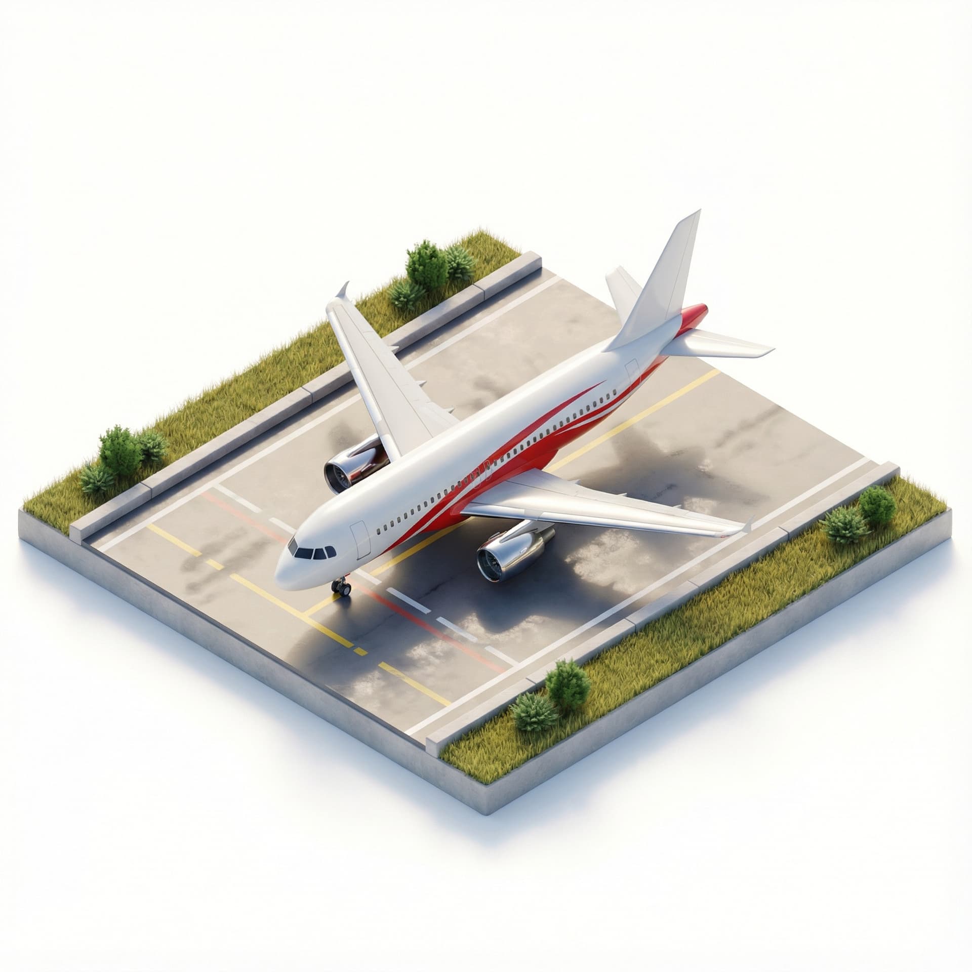 Render a detailed 3D isometric miniature diorama of a sleek commercial passenger airplane in 45° top-down perspective. Use a white fuselage with red dynamic stripes and a polished metallic engine finish. Position it on an airport apron segment with painted taxiway lines, ground textures, and subtle reflections. Build the diorama on a raised base featuring short grass, tidy edge curbs, and minimalist landscaping for a premium stock aesthetic.