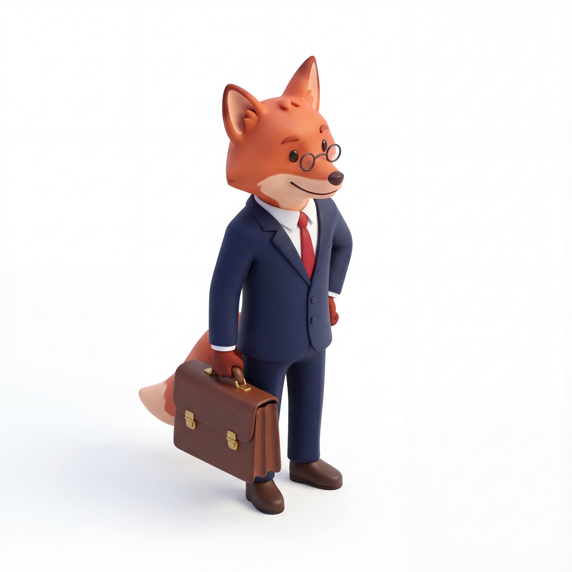 A cute fox lawyer in a tidy suit, carrying a briefcase, upright posture with confident cartoon styling.