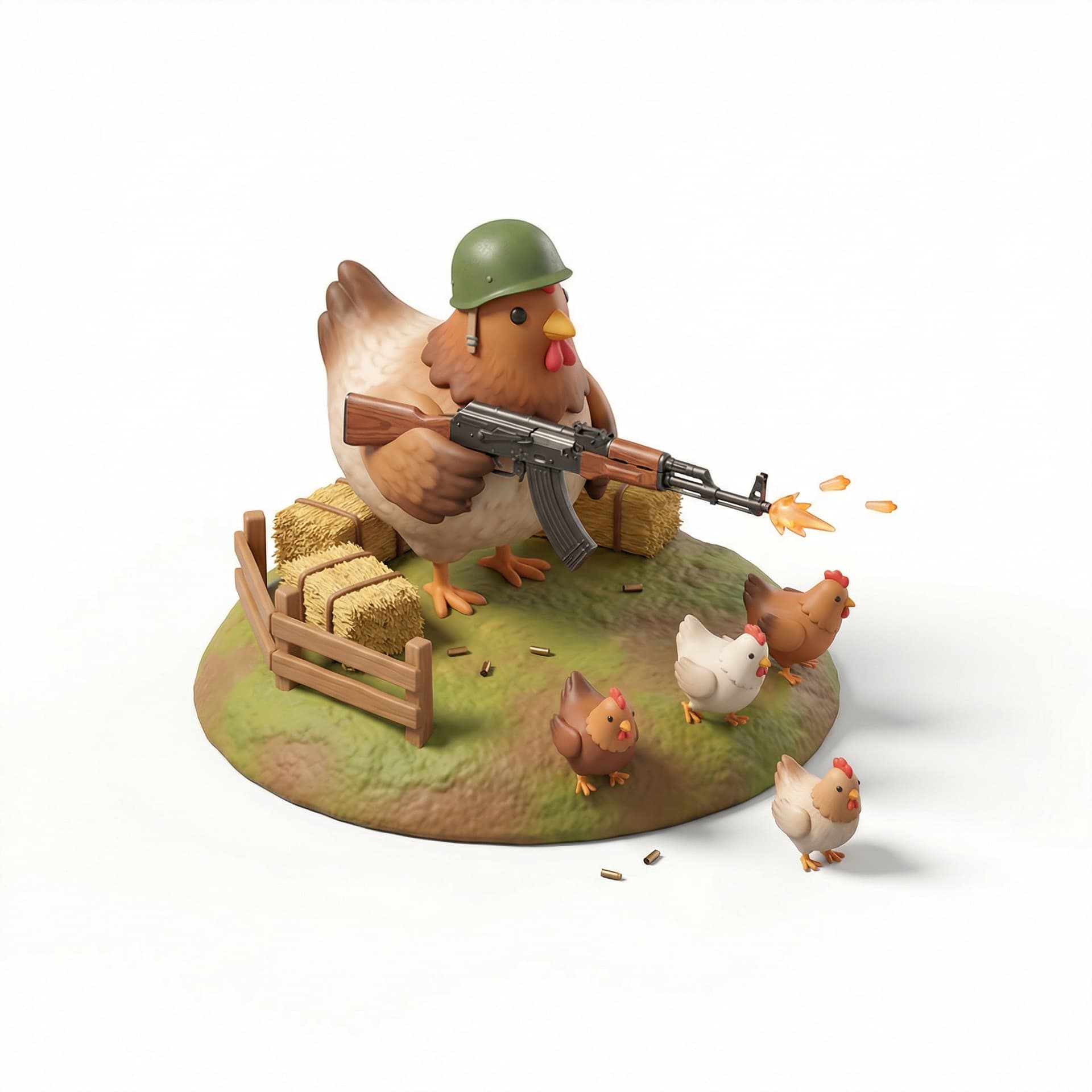 A chicken shooting at fellow chickens with ak47 realistic style