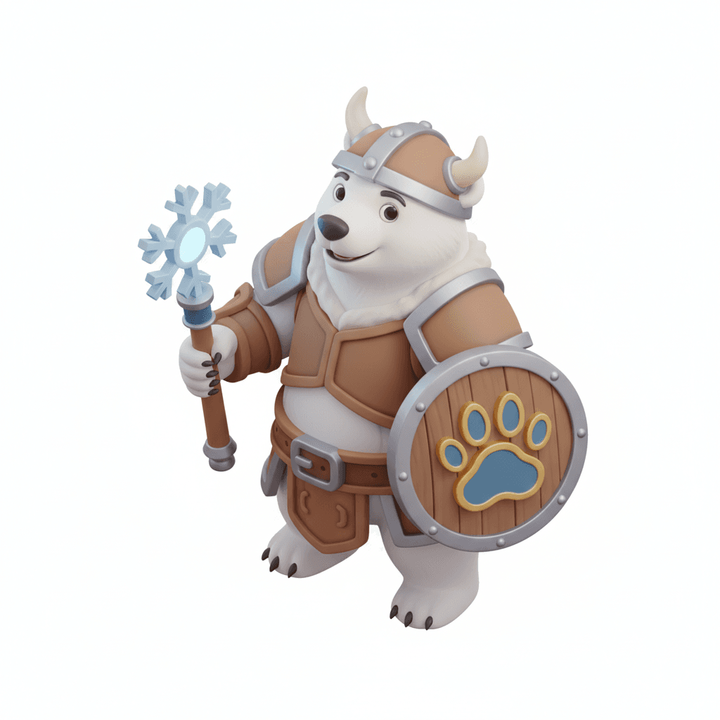 a friendly white bear warrior with a shield