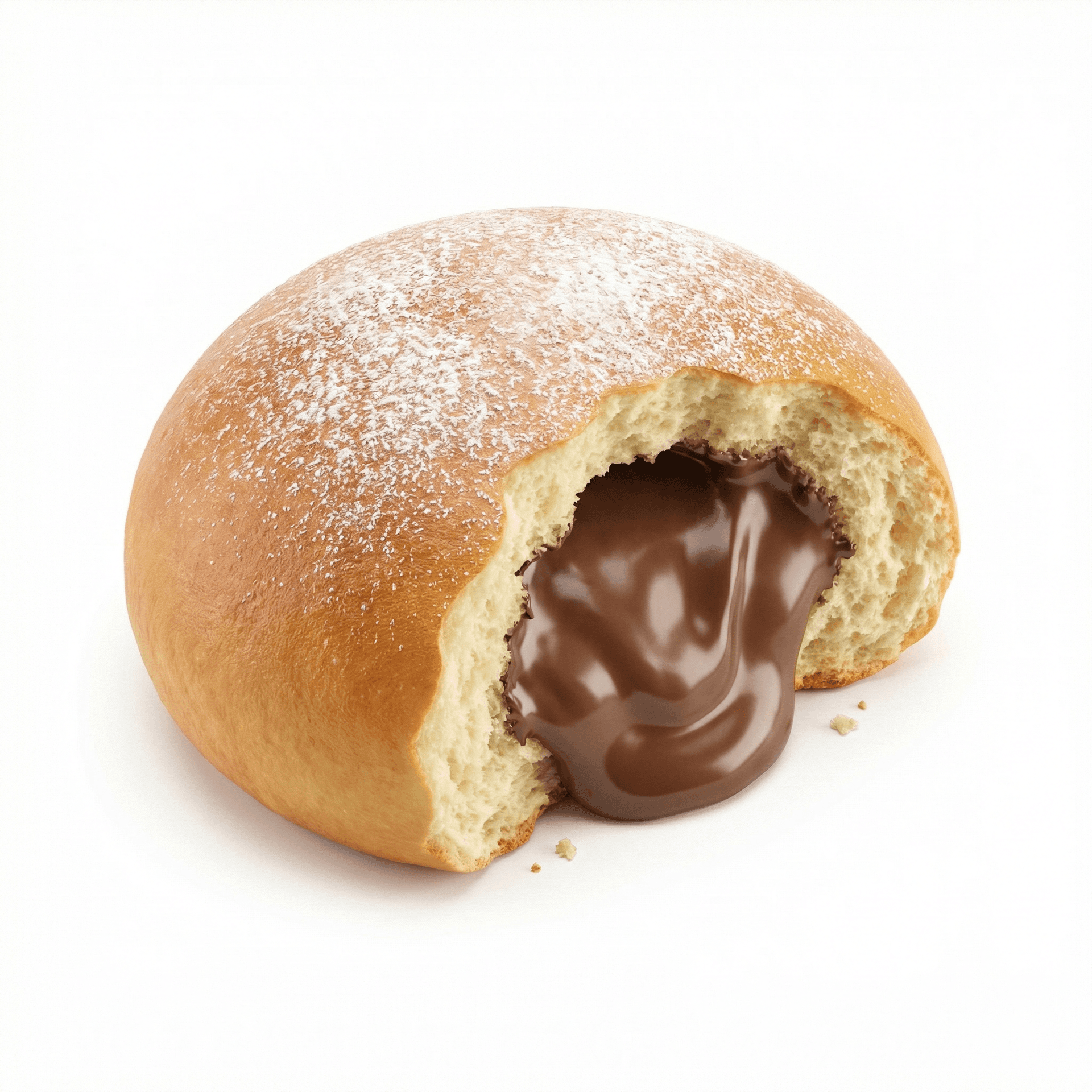 A high-quality food photography style image of a soft, freshly baked sweet bun filled with rich chocolate cream. The bun is round and slightly domed, with a golden-brown crust and a soft, fluffy texture. The top is lightly dusted with powdered sugar, creating a delicate contrast against the warm bread color.  The bun is partially torn open at the front, revealing a generous amount of glossy, thick chocolate filling flowing smoothly from the center. The chocolate has a dark, creamy appearance with soft highlights and realistic reflections, emphasizing its richness and smooth texture.  The interior of the bread looks airy and tender, with visible bread crumbs and a moist, fresh look.  Shot in a clean studio setup with soft, diffused lighting that enhances the texture of the bread and the shine of the chocolate. Minimal shadows, high clarity, and sharp focus.  Isolated on a pure white background, centered composition, close-up perspective, professional food photography, ultra-high resolution, appetizing and warm mood.