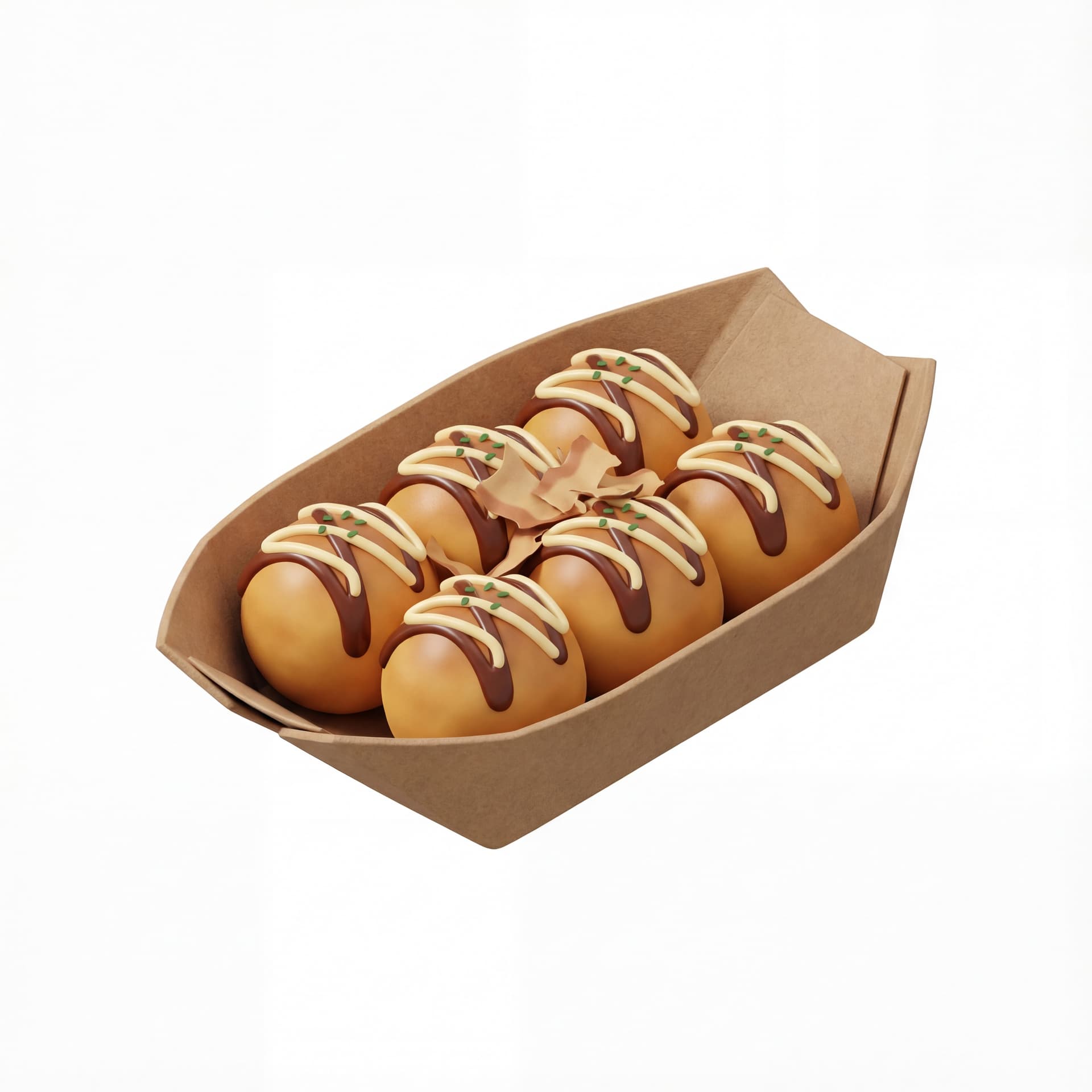 A cartoon takoyaki balls arranged on a paper box, smooth round forms, sauce drizzle lines, minimal garnish detail.