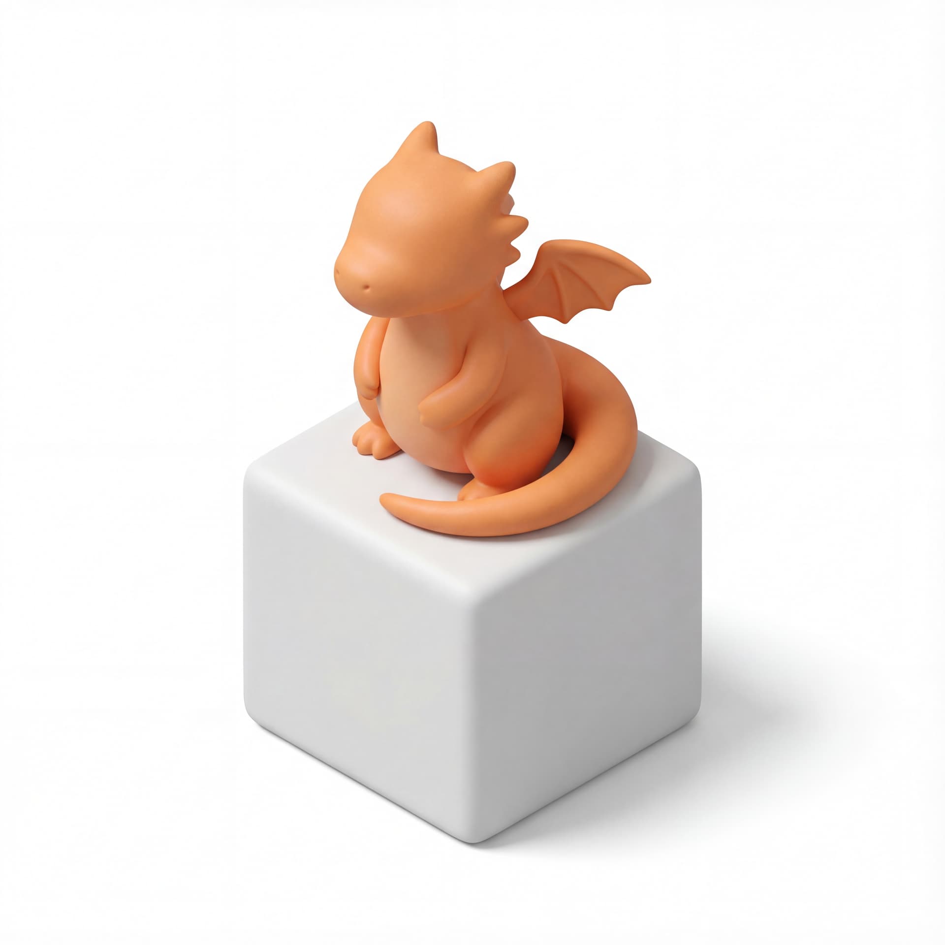 A 3D isometric chubby baby dragon sitting on a cube pedestal, orange glossy skin, tiny wings folded, tail curled neatly around its feet.
