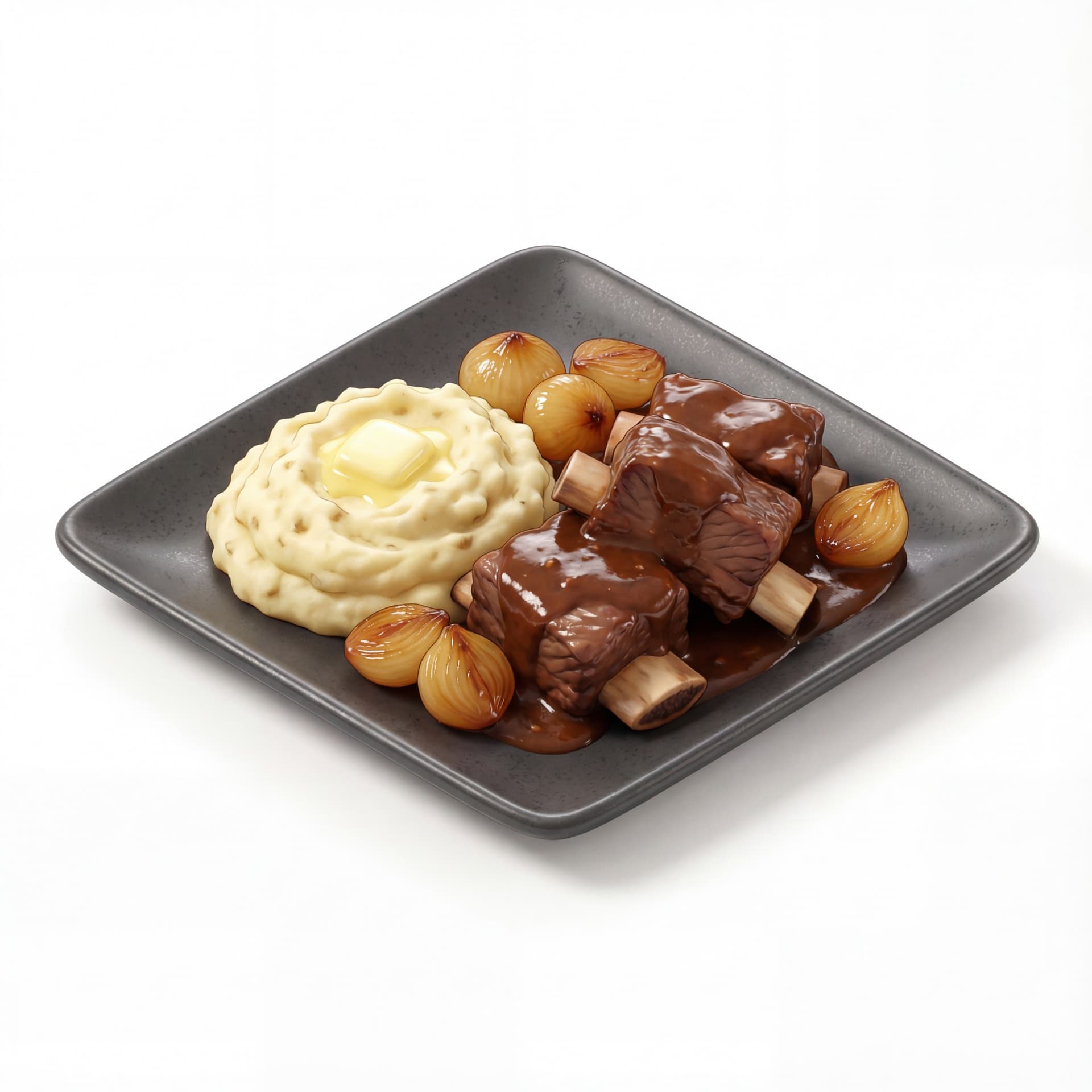 A cartoon dark square plate featuring beef short ribs, dark braising sauce, mashed potatoes, and glazed pearl onions.