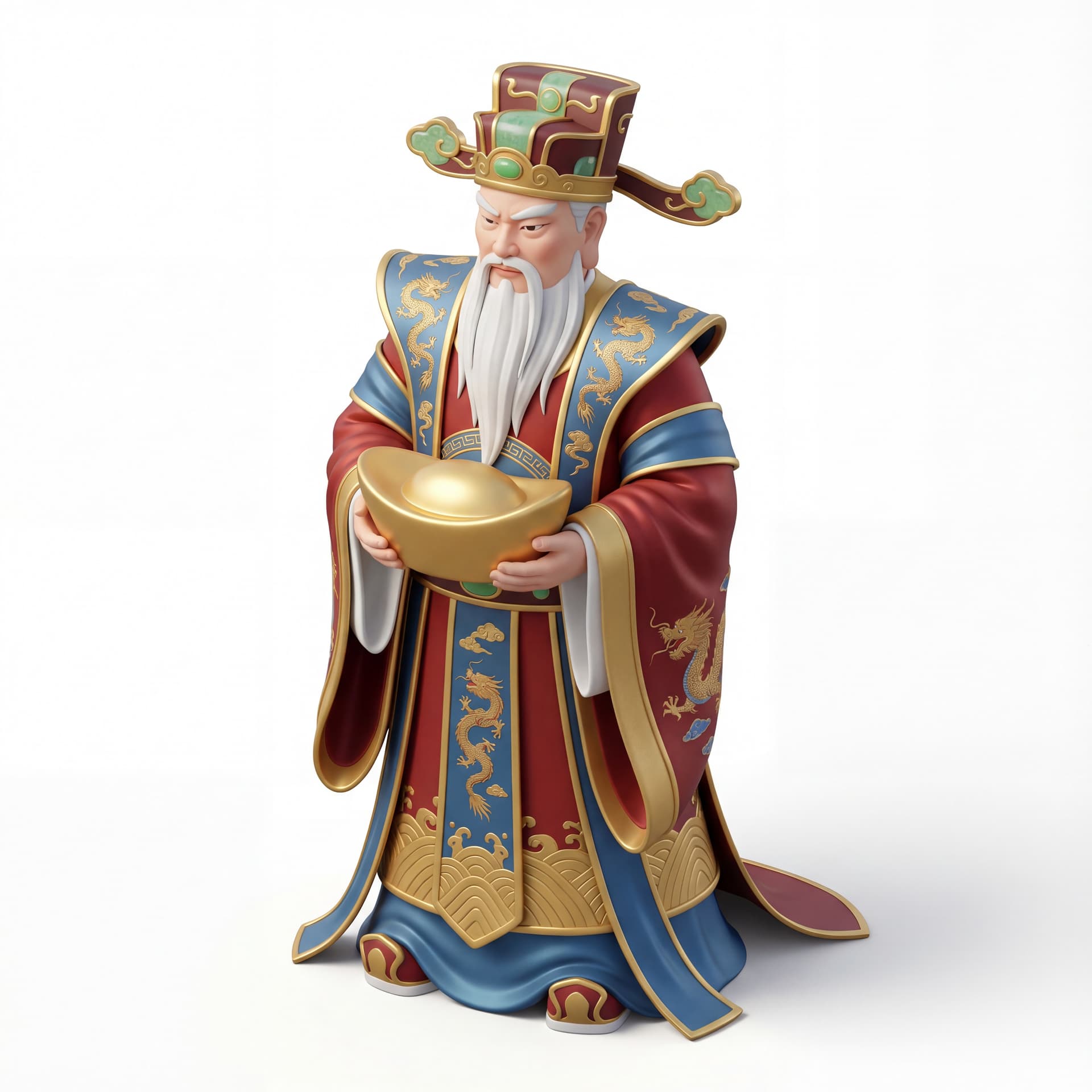 A powerful God of Wealth illustration inspired by traditional Chinese 财神 imagery, tall and commanding posture, long flowing beard, stern composed expression, wearing an ornate official hat and ceremonial robe, holding a large gold ingot with both hands, full body, front-facing, isolated on a white background.