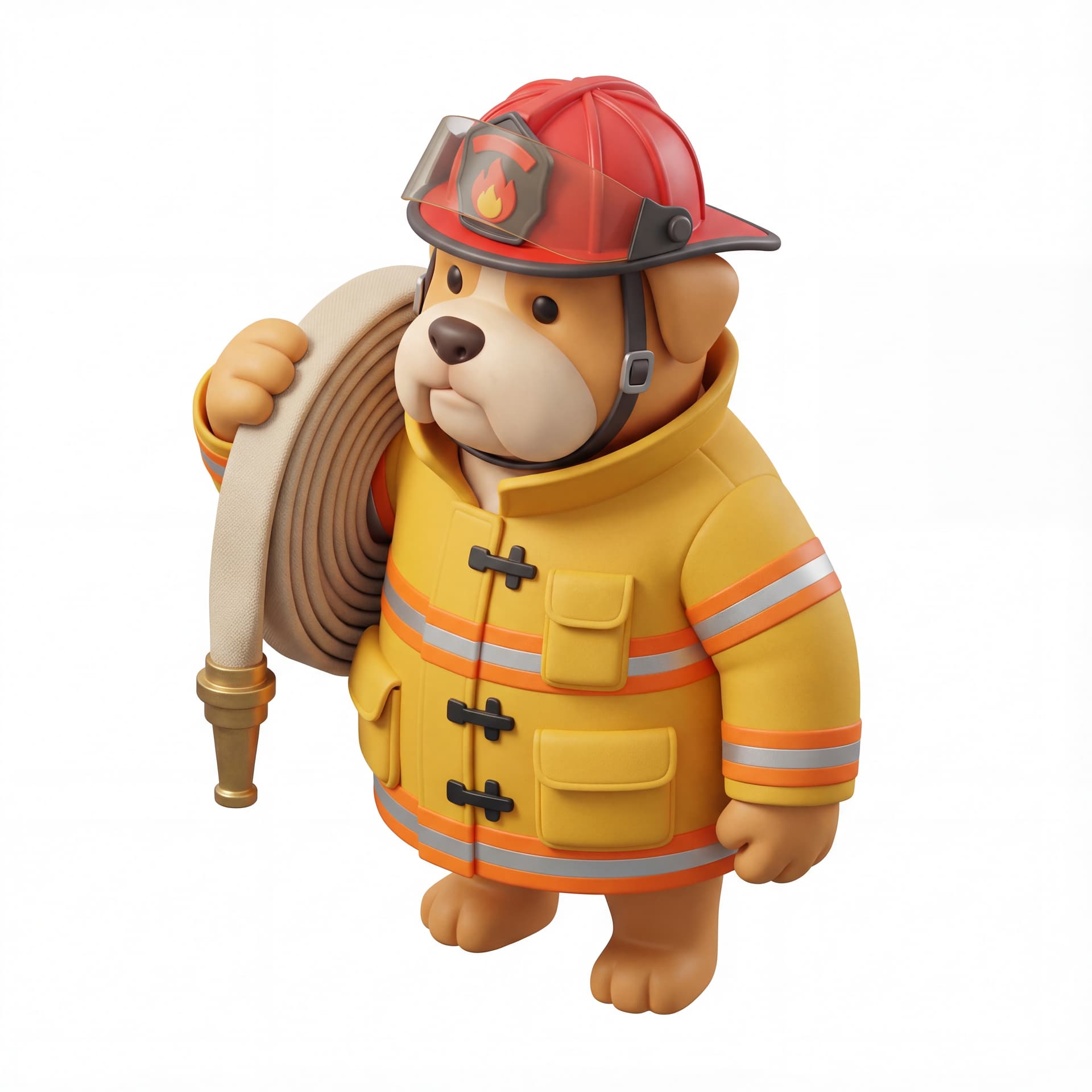 A cute dog firefighter wearing a helmet and jacket, holding a coiled hose, chunky heroic proportions