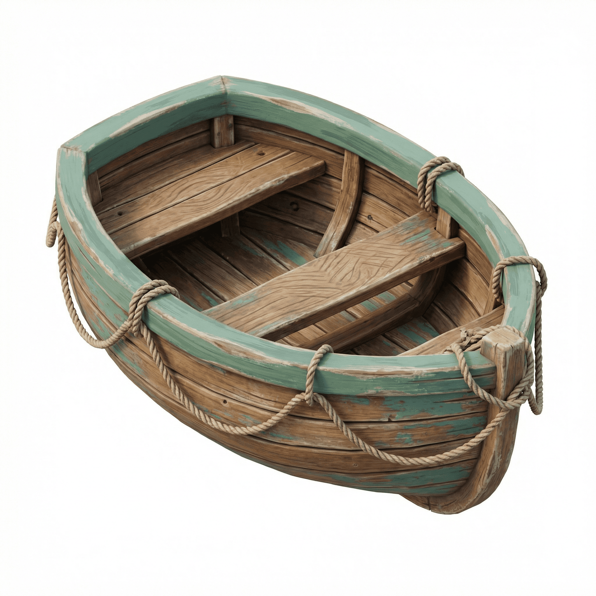 A small handcrafted wooden rowboat resting on a clean neutral background. The boat has a slightly wider and rounder hull than a traditional dinghy, with visible layered wooden planks showing natural grain and subtle imperfections. The wood features a mix of warm brown tones and faded teal paint, with light weathering and chipped edges that suggest age and coastal use.  Thick hemp ropes are loosely wrapped around the sides and bow, but arranged asymmetrically instead of evenly spaced. The interior shows two wooden benches with a different plank pattern, including diagonal floorboards rather than straight ones. The inner rim of the boat is painted a muted sea-green color with uneven brush strokes.  Lighting is soft and natural, highlighting texture and depth without harsh shadows. The style is semi-realistic, high detail, slightly stylized for illustration or 3D render quality. No people, no water, no background elements—focus entirely on the boat.  Ultra-high resolution, sharp focus, realistic materials, cinematic yet minimal composition