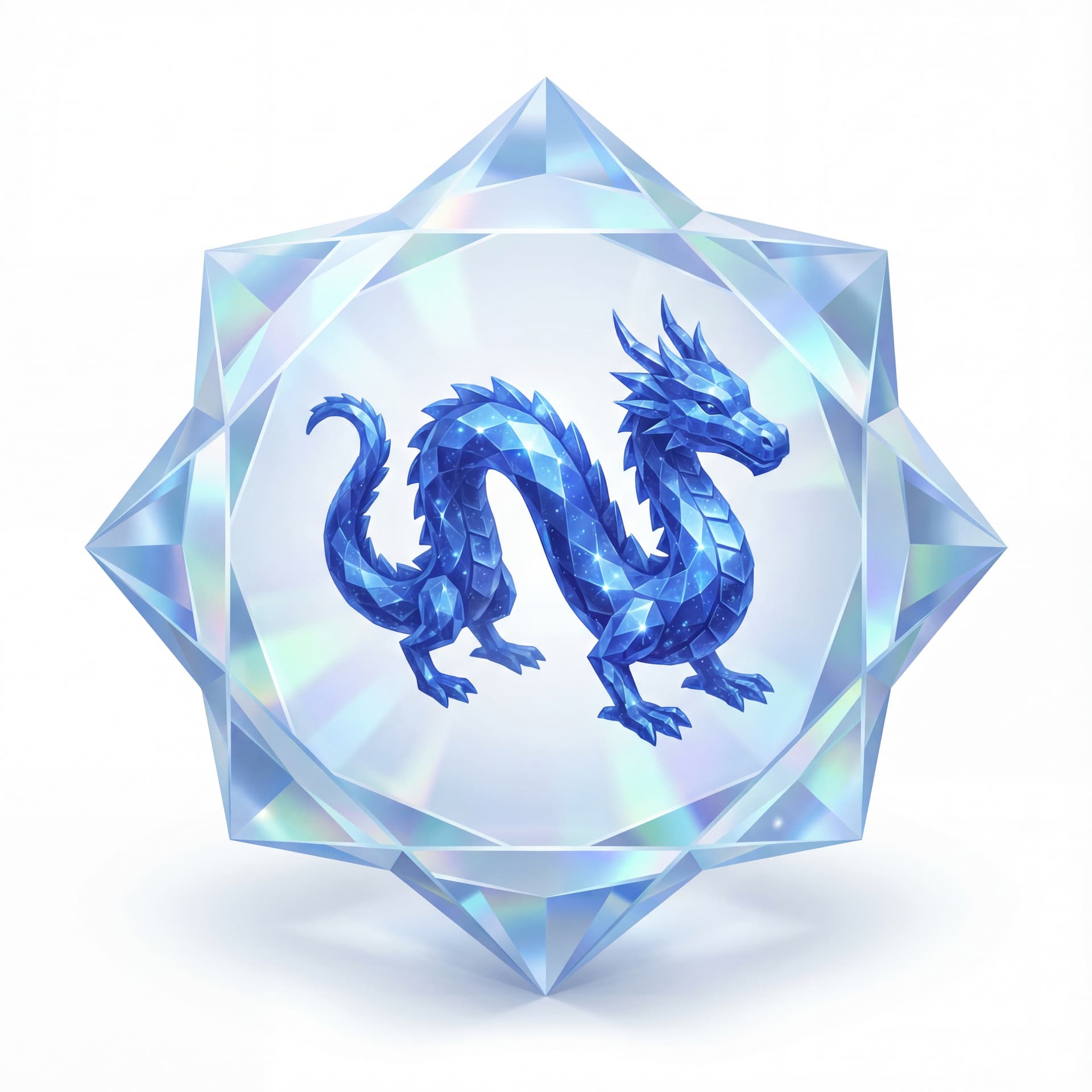 An isometric dragon with sapphire crystal scales and facet radiance suspended in a cut-glass shimmer symbolizing truth.