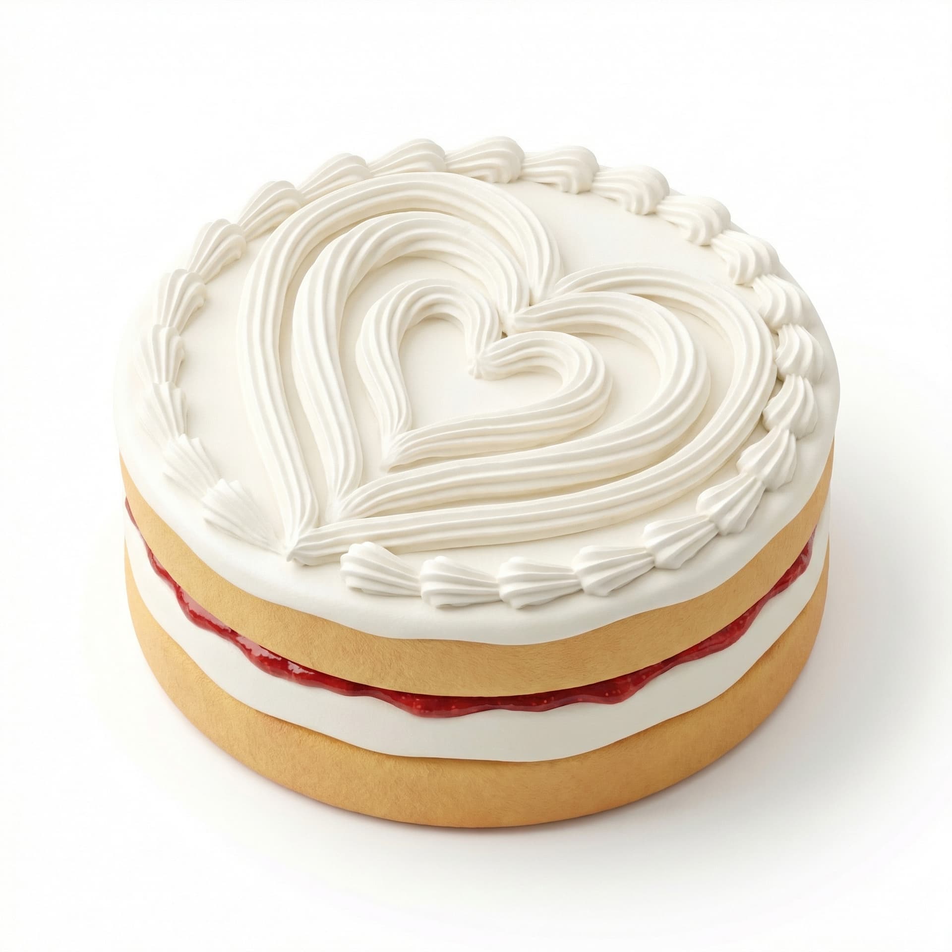 the top view of a vanilla cake with cream and strawberry filling, with a love pattern cream on top