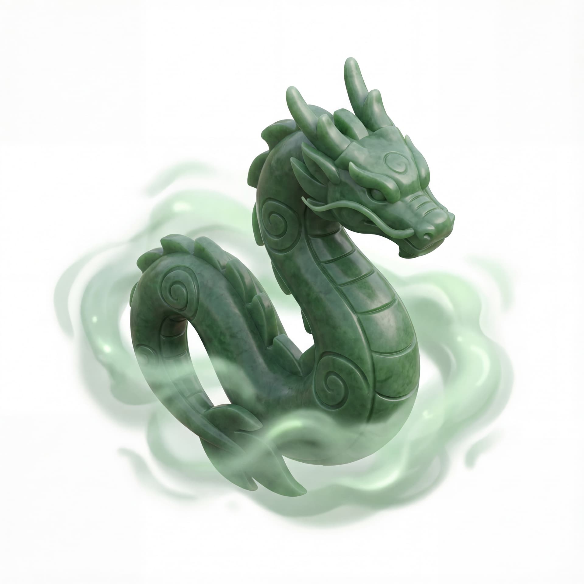 An isometric dragon with jade stone plating and spiral growth patterns wrapped in a gentle green cloud symbolizing renewal.