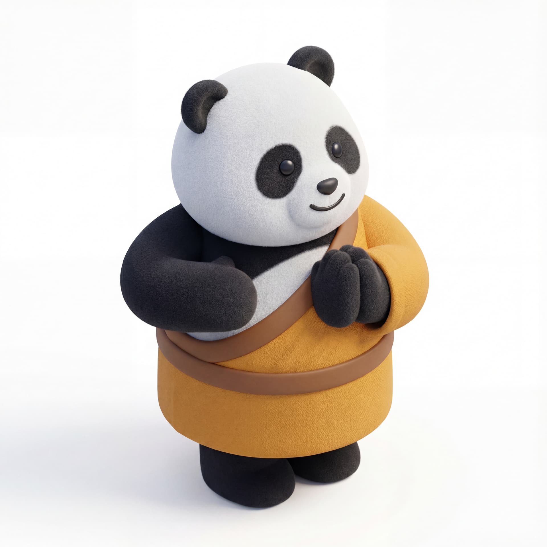 A 3D cartoon panda monk character standing calmly with hands together, rounded plush proportions, serene friendly expression, isolated character.