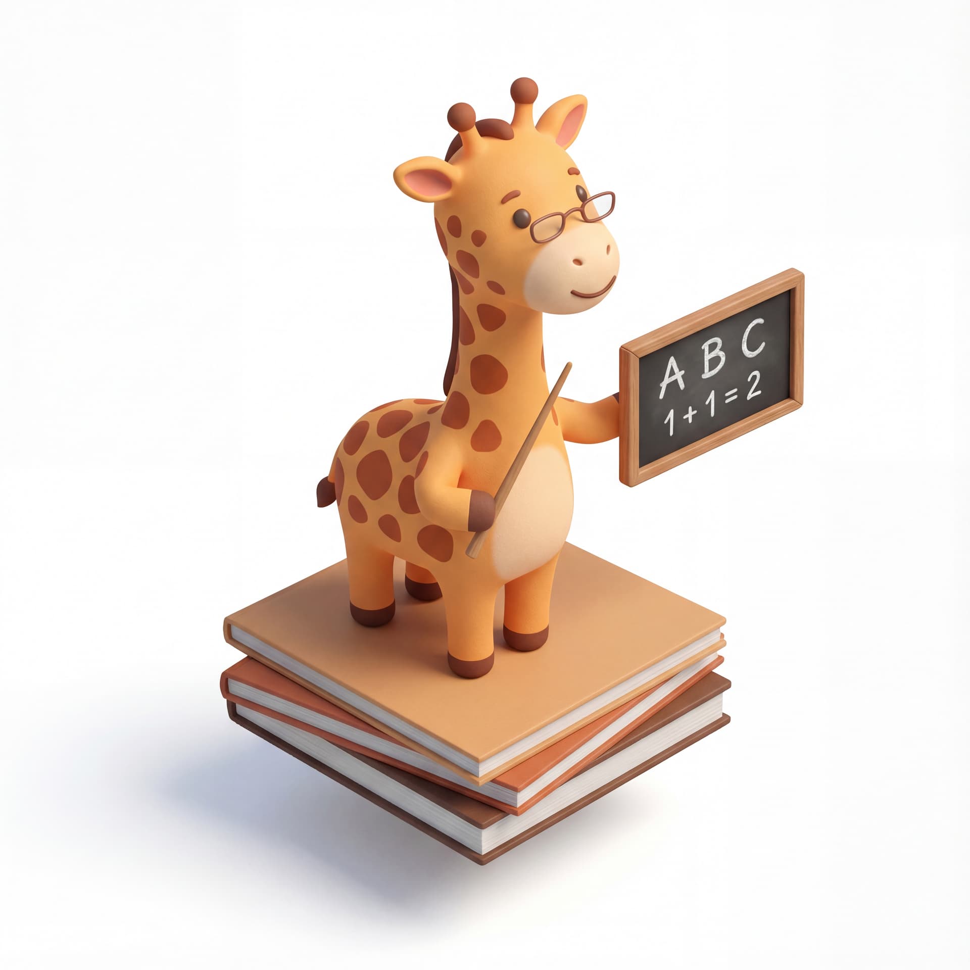 A cute cartoon illustration of a giraffe teacher holding a pointer and small chalkboard, warm smile, educational theme, isolated on a white background