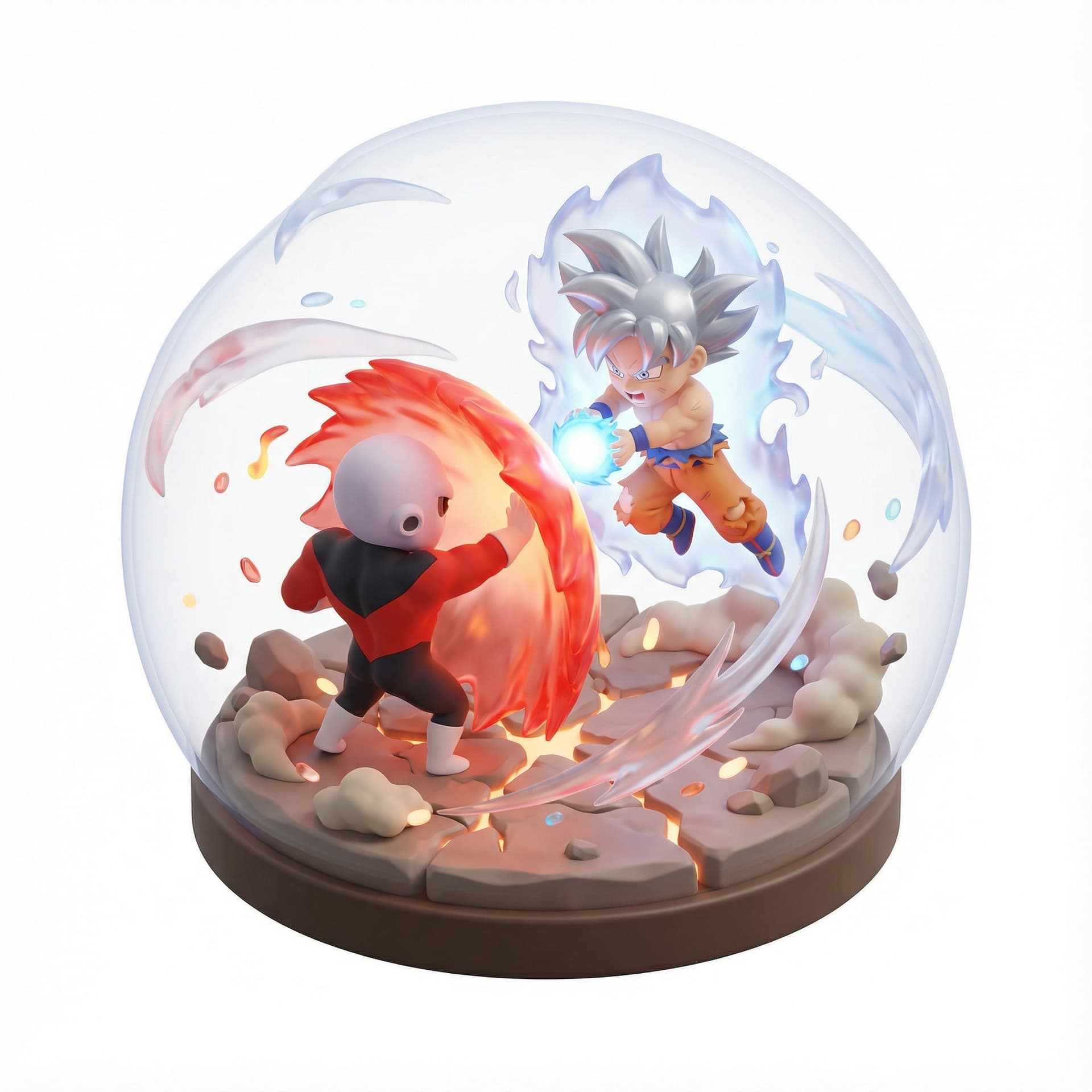a suspended, adorable three-dimensional stylized vignette of Son Goku vs Jiren, higlighting its legendary signature moments. Amplify the mood through environmental effects and atmospheric conditions.