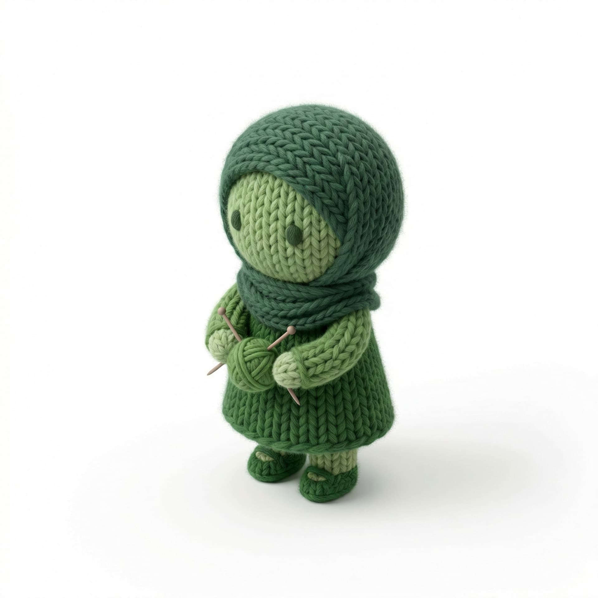 a chibi girl using a hijab, green themed, wool style 3d