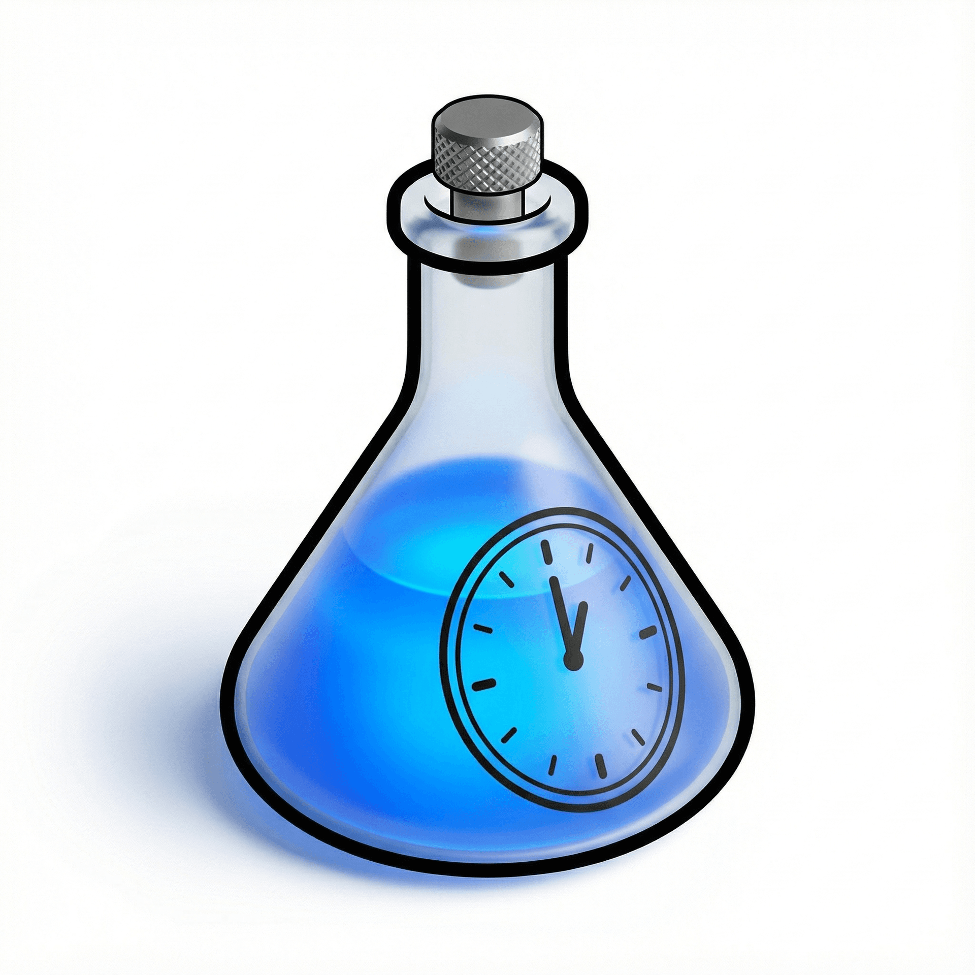 A clean, flat vector logo viewed directly from the front. A laboratory Erlenmeyer flask that is designed to look like a stopwatch. The flask has a stopwatch button on the very top of its neck. On the belly of the flask, there is a simple clock face with a hand pointing to the 1-minute mark. The liquid inside is electric blue. Thick black outlines. Solid white background. Minimalist icon style. --ar 1:1