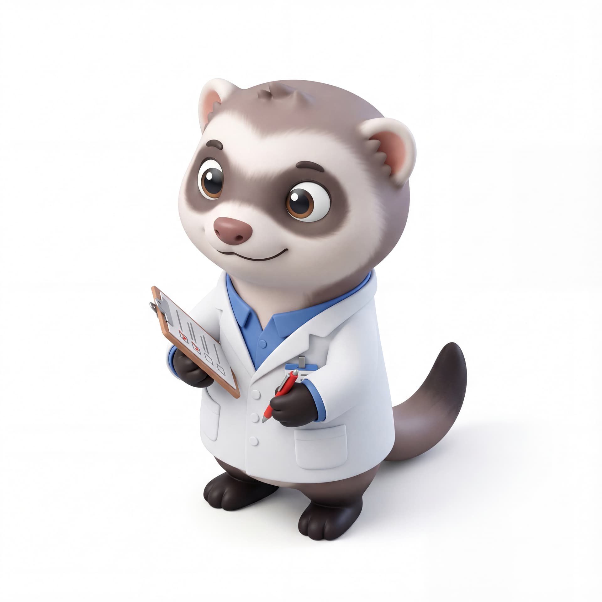 A cute cartoon ferret mascot character dressed as a quality control inspector, wearing a lab coat and holding a checklist, full body, front-facing, rounded proportions, big expressive eyes, soft shading, attentive focused smile, centered composition, isolated on a white background.