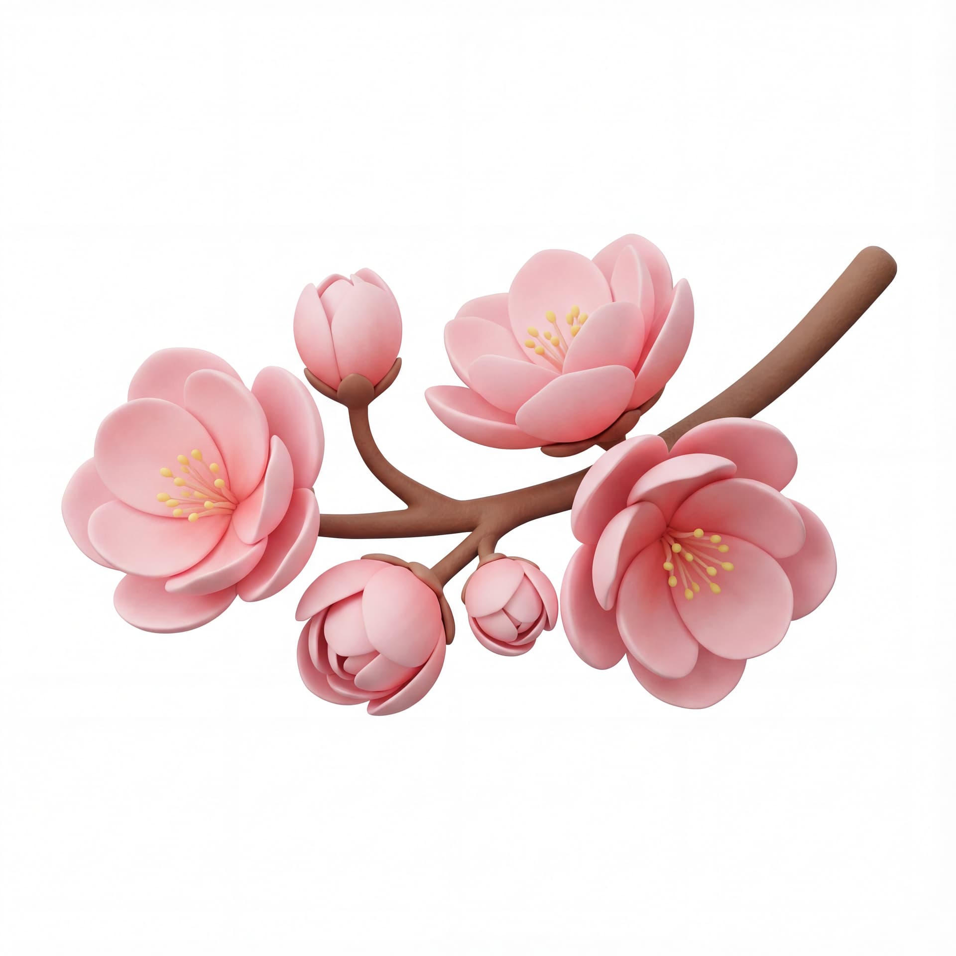 A peach blossom branch item with three large flowers and two buds, soft rounded petals, simple brown branch, balanced left-to-right composition, isolated on a white background.