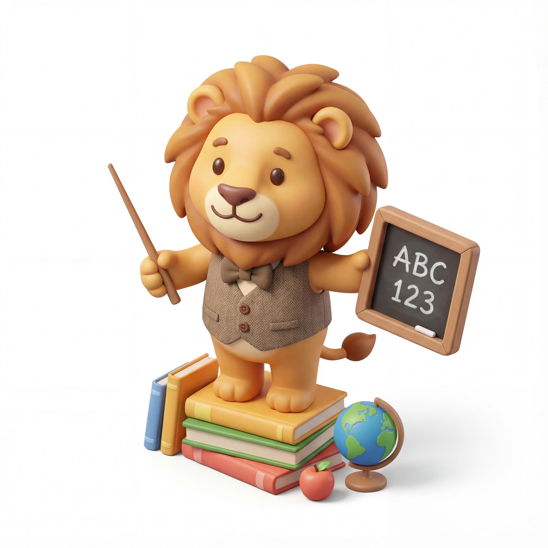 A cute cartoon illustration of a lion teacher holding a pointer and small chalkboard, warm smile, educational theme, isolated on a white background.