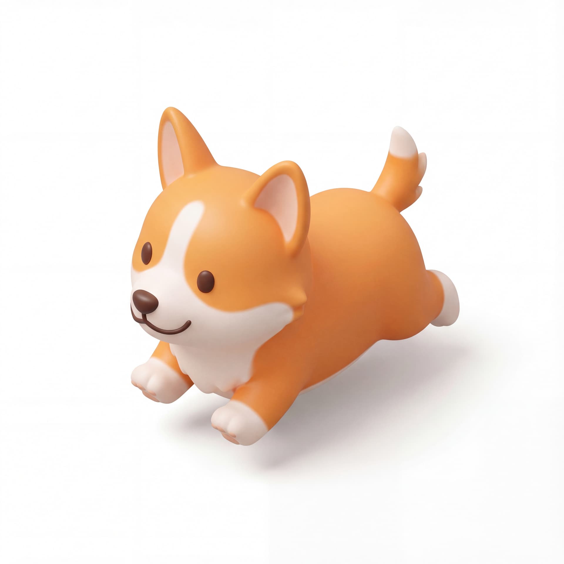 Ikon 3D anjing corgi gaya lucu chibi berlari kecil dengan kaki terangkat dan senyum ceria pencahayaan studio lembut latar belakang putih