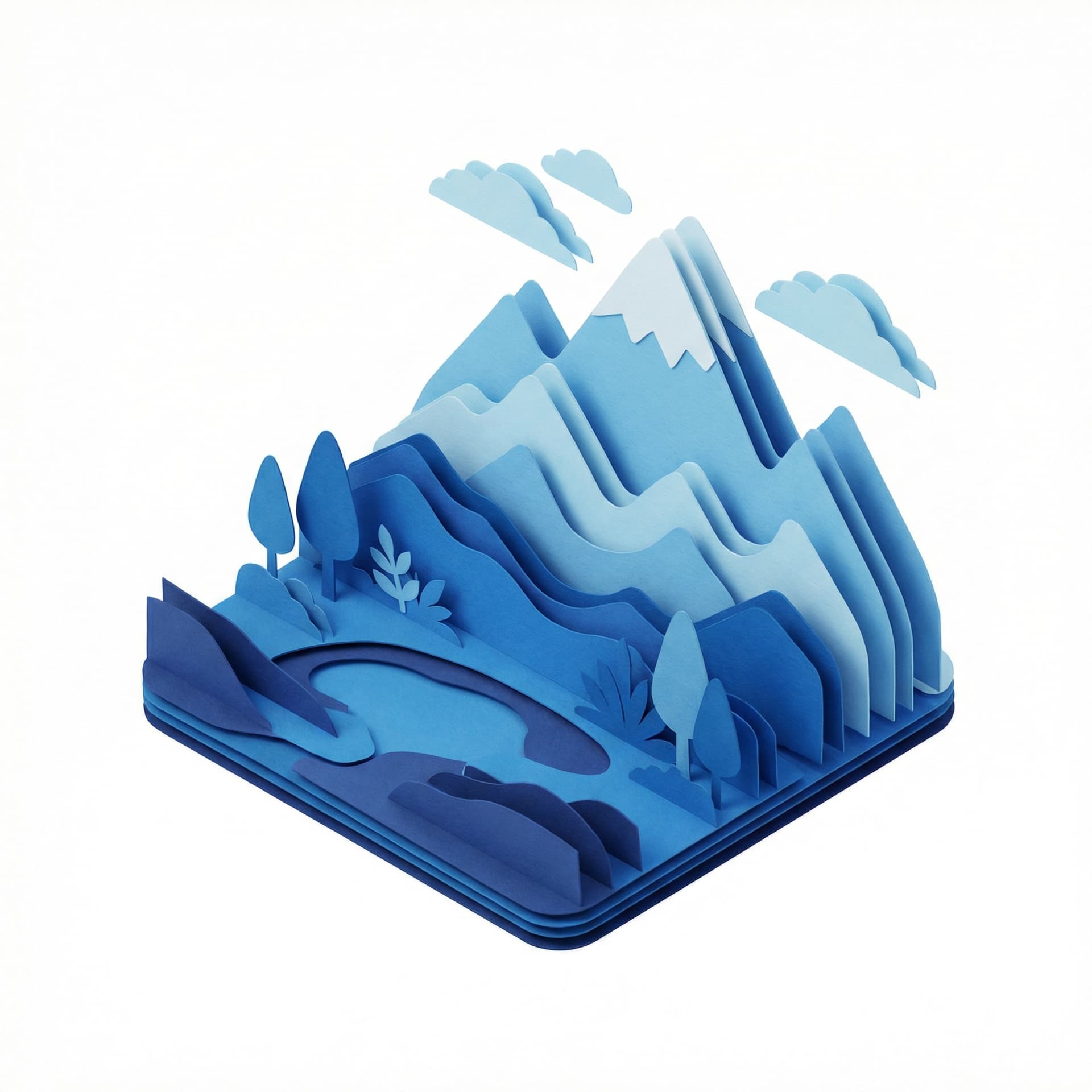 Isometric icon of a mountain landscape, layered paper cutout style, different shades of blue paper,