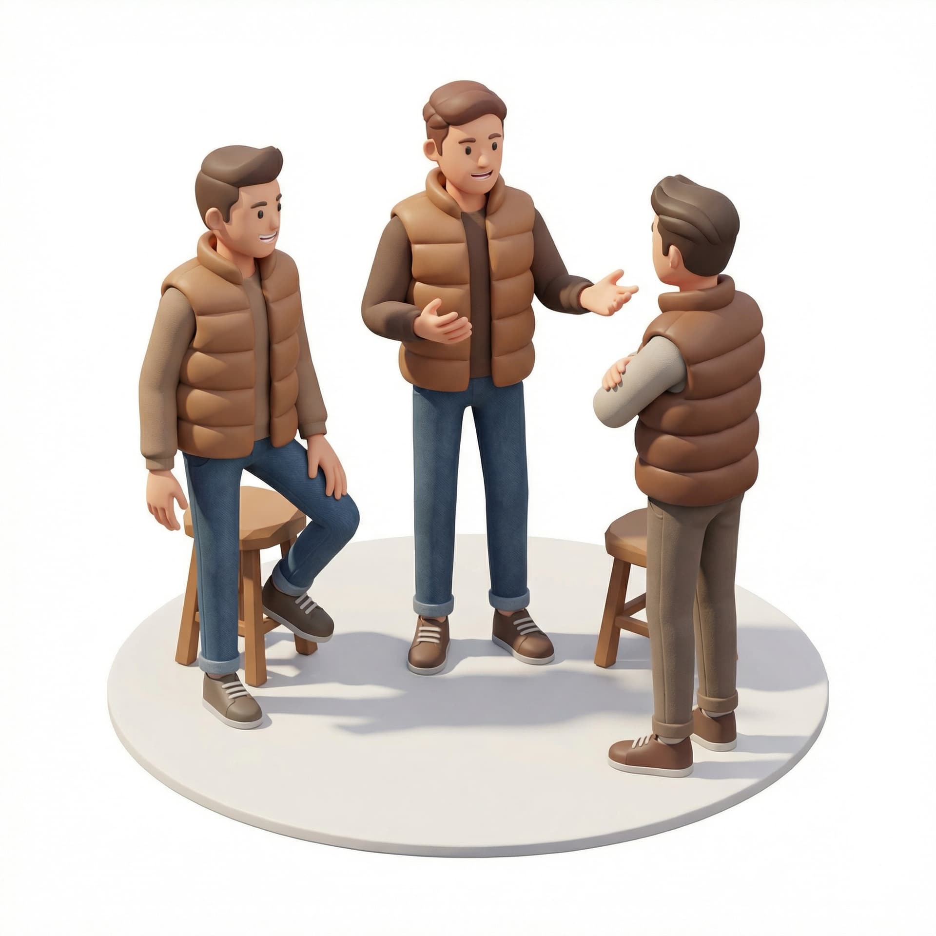 buatkan 3 characters laki2 sedang mengobrol. pakai vest warna coklat bergelembung