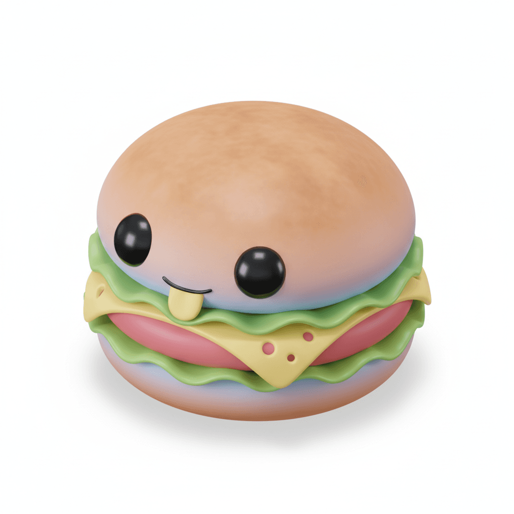 a pastel isometric vector of a cute burger character with big eyes and cheese slice peeking