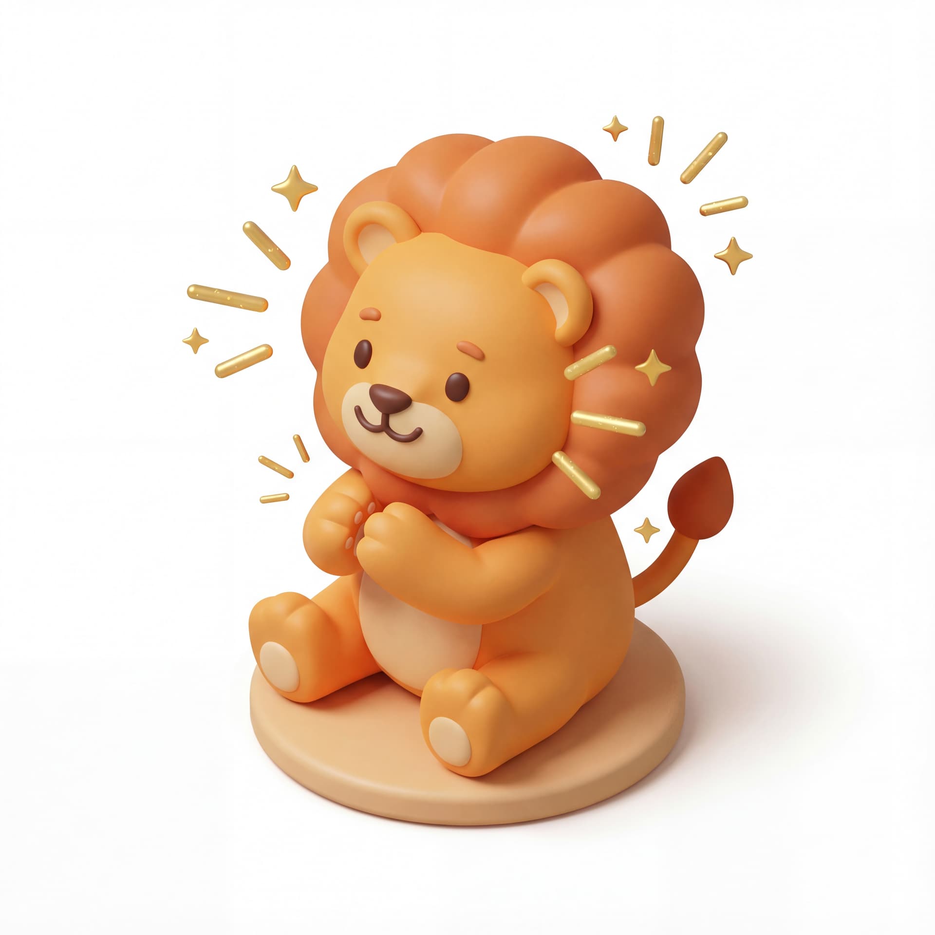 An isometric cute cartoon lion clapping its front paws together, sparkly excitement lines popping around its face.