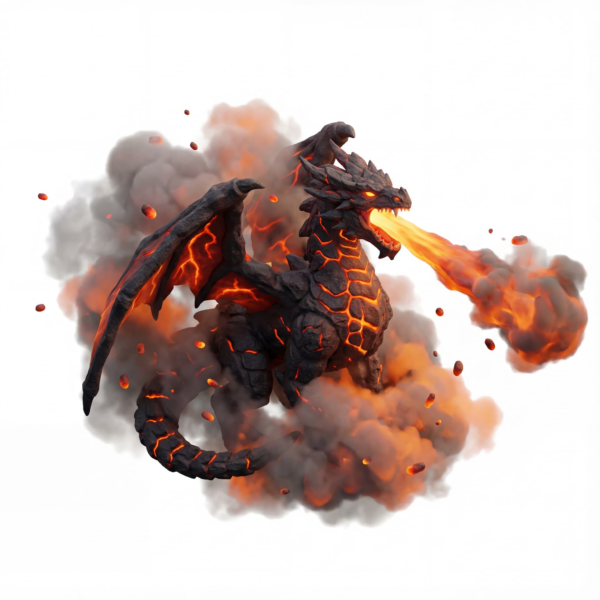 An isometric dragon with black volcanic rock scales and glowing magma veins roaring sideways while releasing a beam, surrounded by heavy smoke and drifting molten embers.