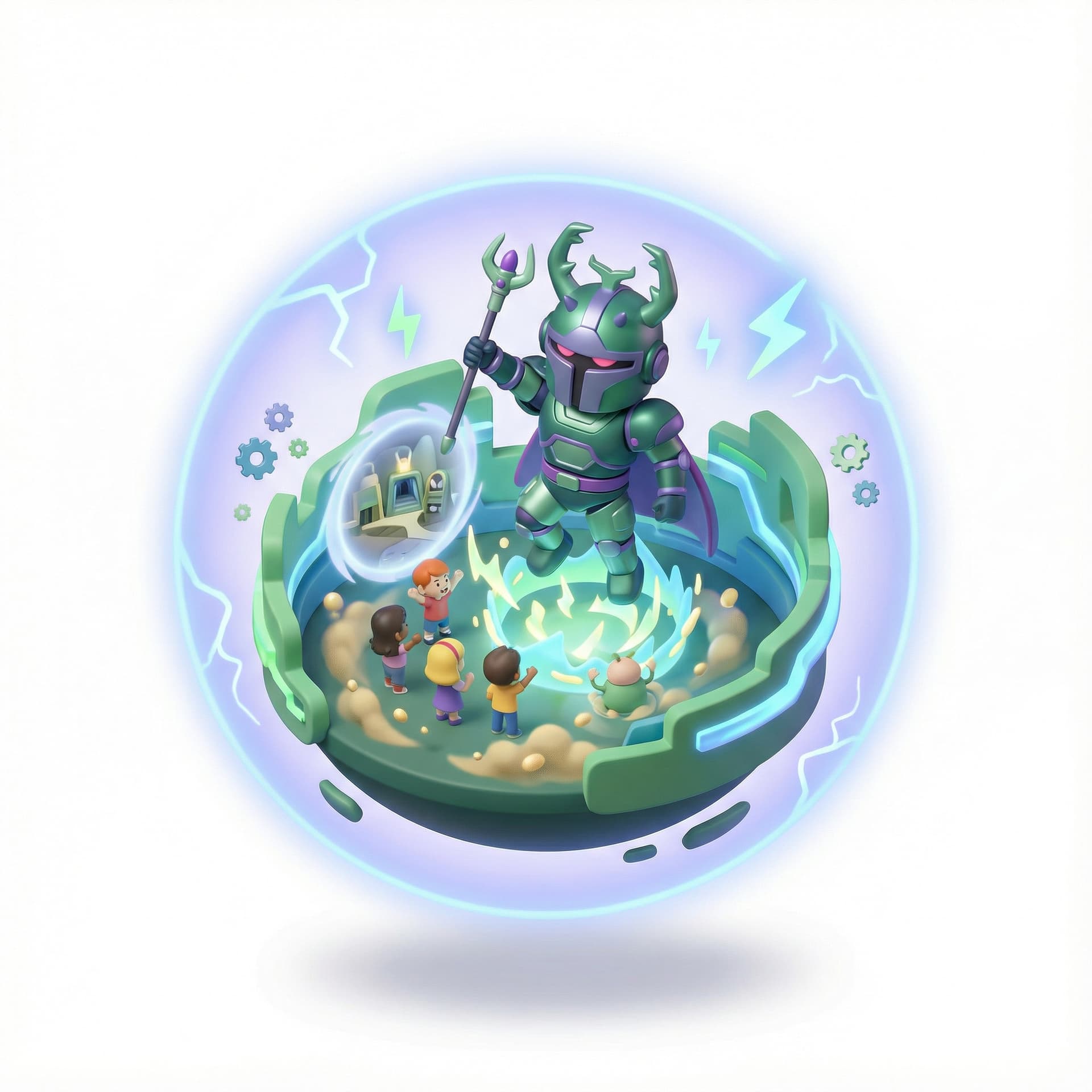 a suspended, adorable three-dimensional stylized vignette of Big Bad Beetleborg, higlighting its legendary signature moments. Amplify the mood through environmental effects and atmospheric conditions