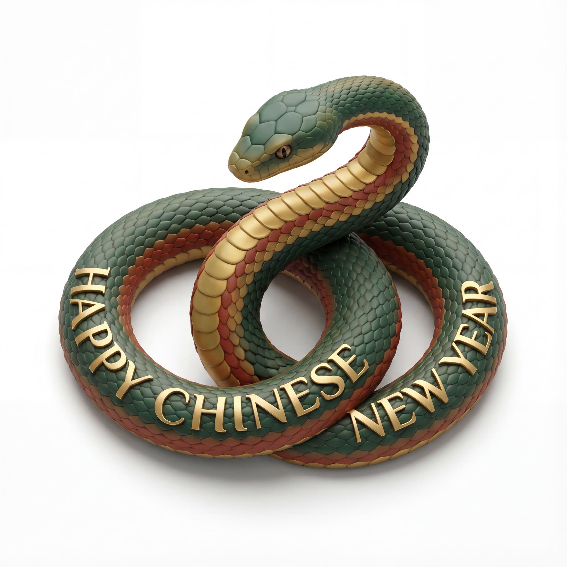 A full-body portrait of a zodiac snake coiled in a balanced pose, with “Happy Chinese New Year” following the curve of the body as integrated typography, isolated on a white background.