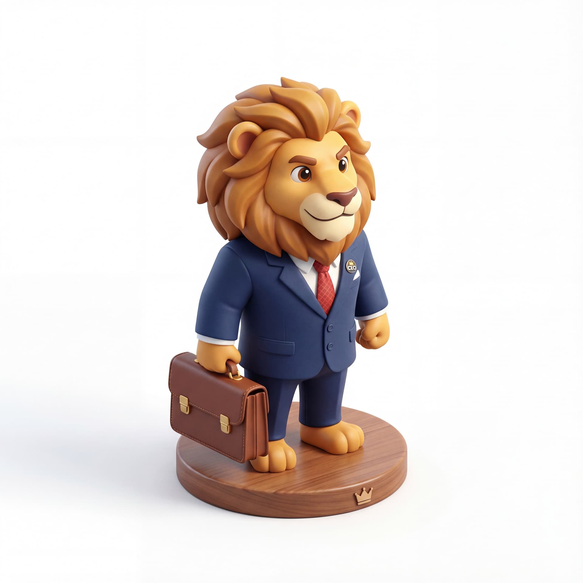 A cute cartoon illustration of a lion business executive holding a briefcase, dressed in formal attire, leadership and corporate theme, isolated on a white background.