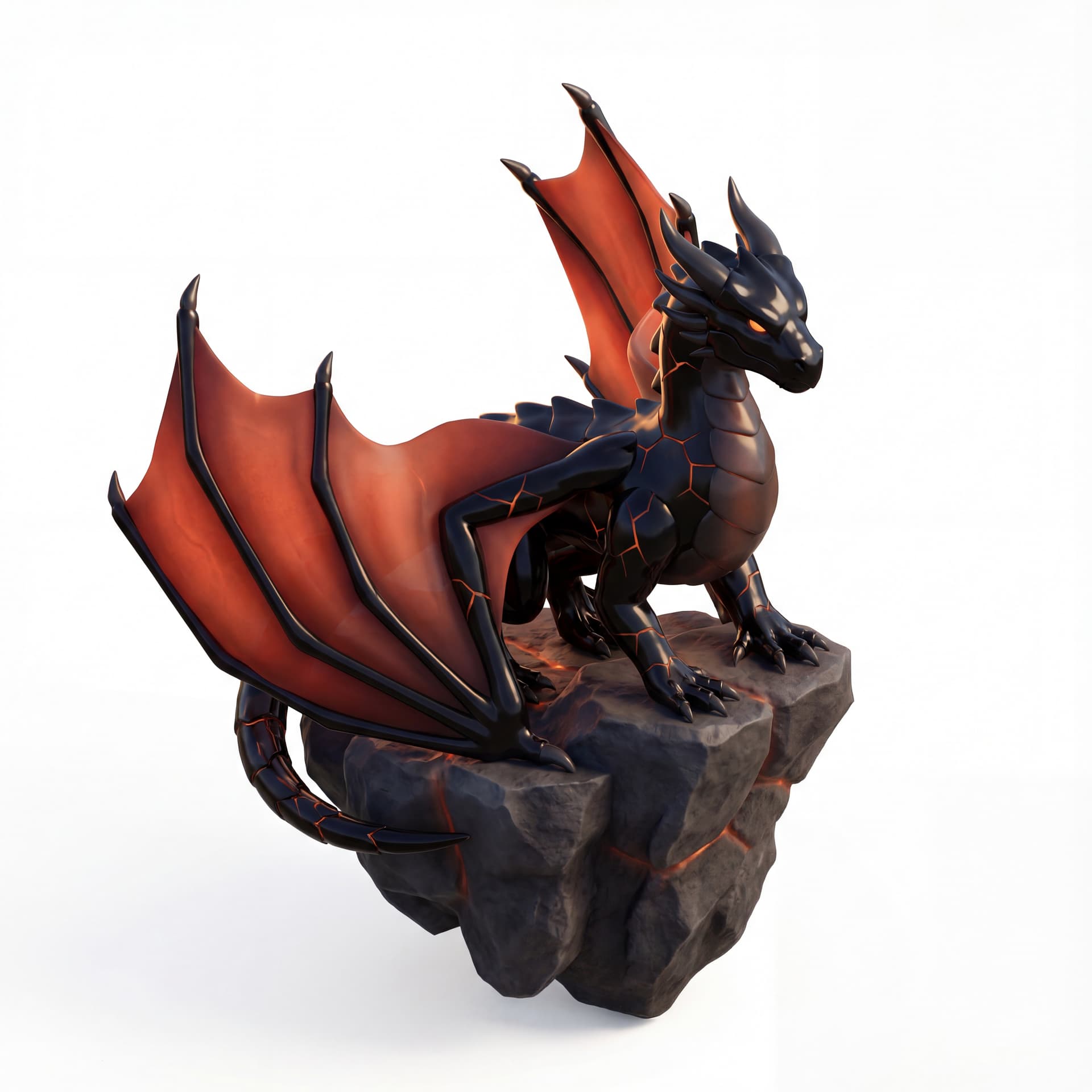 shadow dragon dragon with obsidian-black glassy scales, fracture-line patterns, and ember-red wing membranes perched on a volcanic ledge