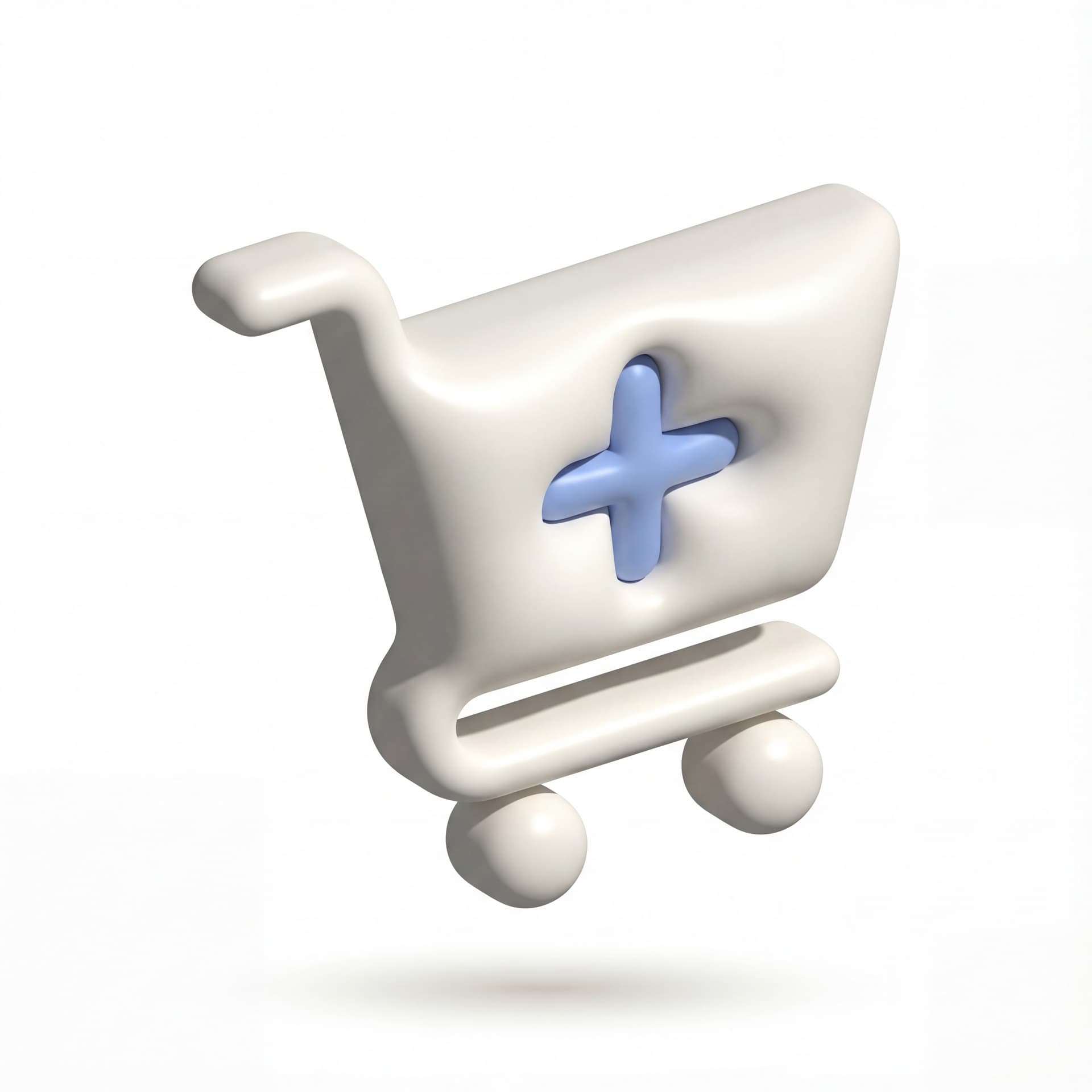 Ikon logo Add to Cart terkait E-commerce dengan style 3D clay minimal tebal membulat detail rendah konsisten pencahayaan lembut bayangan kontak ringan dan warna neutral off-white dengan aksen biru lembut.