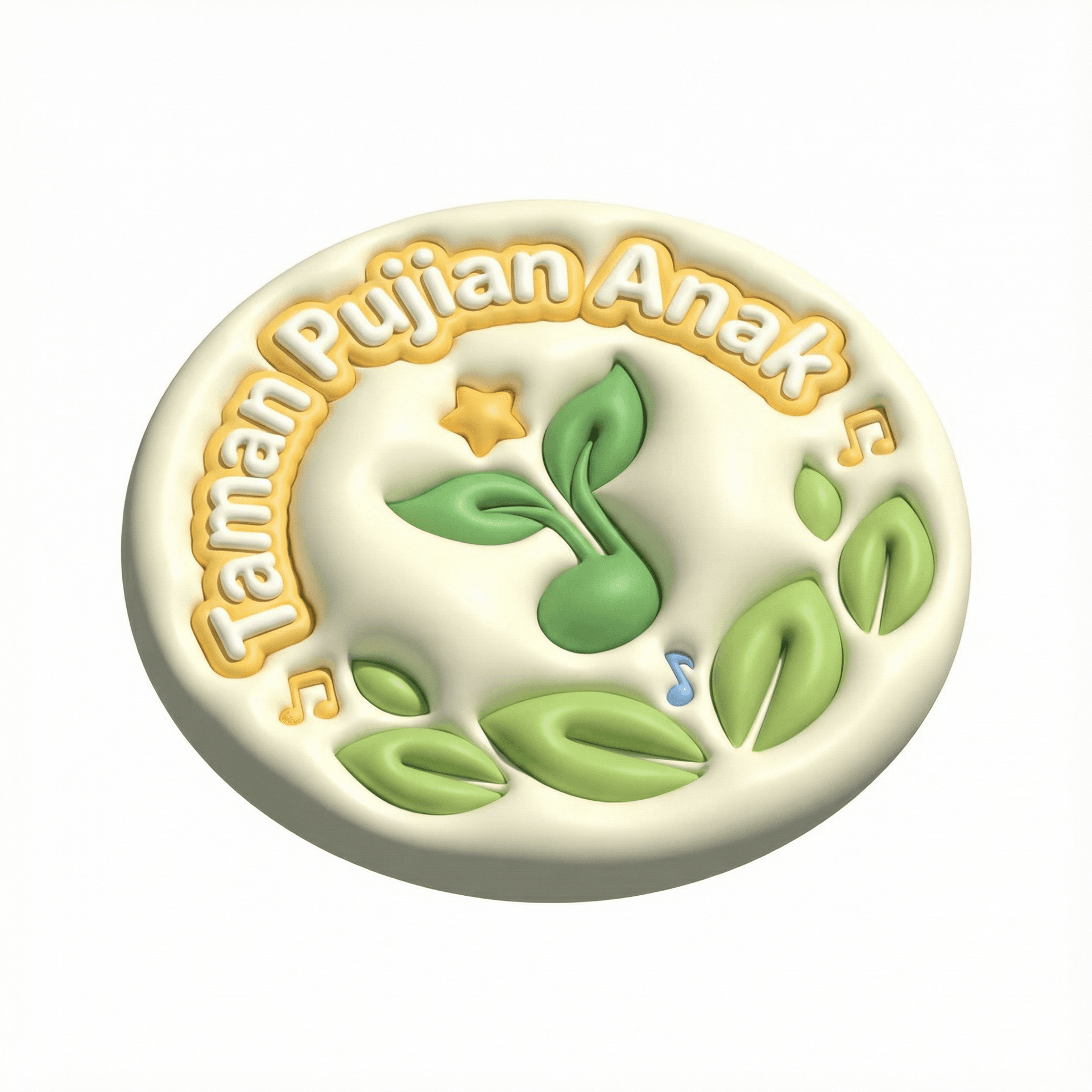 Create a circular badge logo for a children’s Christian music brand called “Taman Pujian Anak”.
Style: flat vector badge, friendly rounded shapes, simple decorative garden elements (tiny leaves and music notes).
Text: “Taman Pujian Anak” around the circle in a rounded display font; keep the tagline optional and very small or omit it.
Center icon: sprout-shaped musical note with a small star.
Colors: soft green + warm yellow + white; minimal blue accent.
Output: transparent background PNG, also a solid-color background version.
Constraints: keep text highly readable, avoid thin strokes, avoid clutter, no photorealism, no 3D, no watermark.
