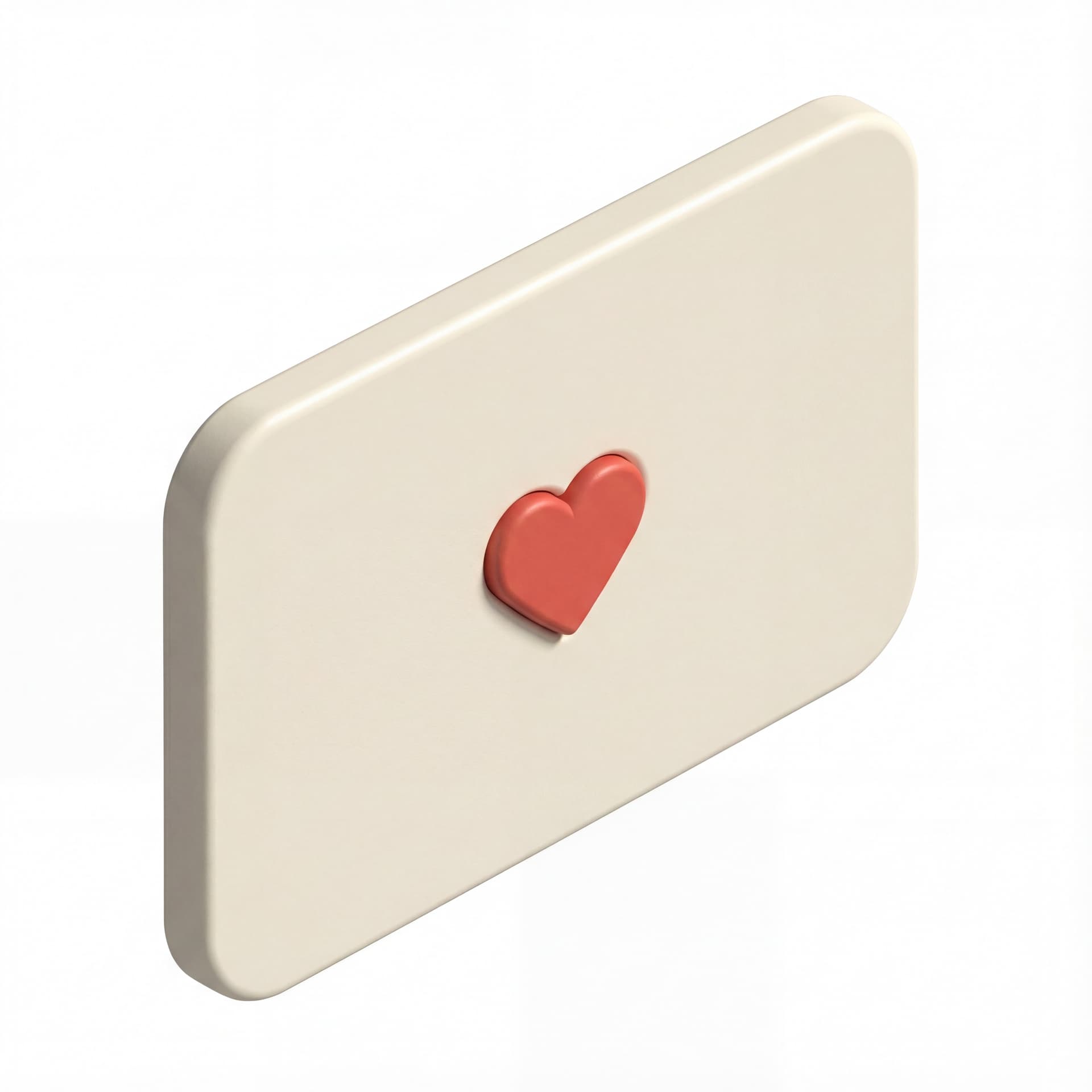 A gift card icon with rounded corners and a small heart symbol in the center, flat front view, isolated on a white background.