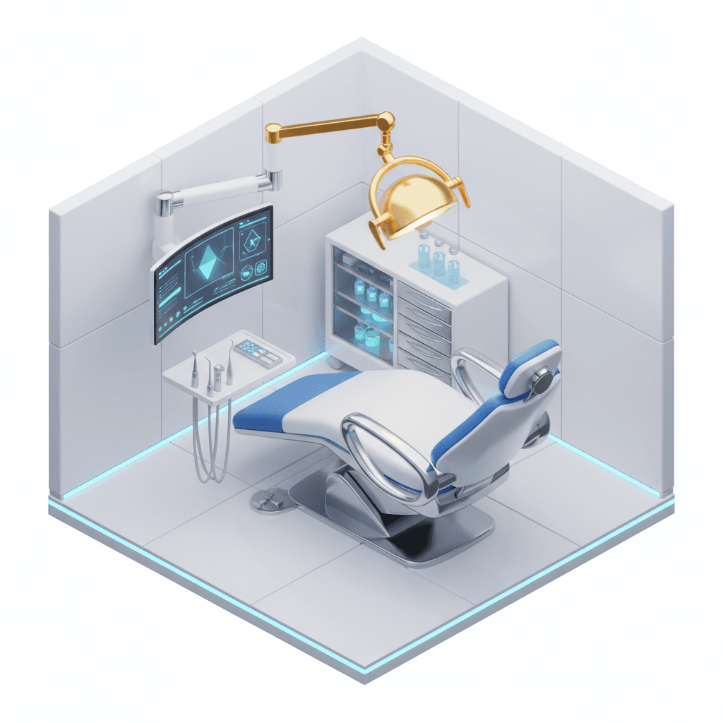 Futuristic 3D isometric dental chair setup illuminated by a warm golden overhead lamp, clear reflections on polished surfaces, widescreen monitor displaying a simple UI, clean geometric room layout, bright hygienic mood, balanced negative space for microstock usage
