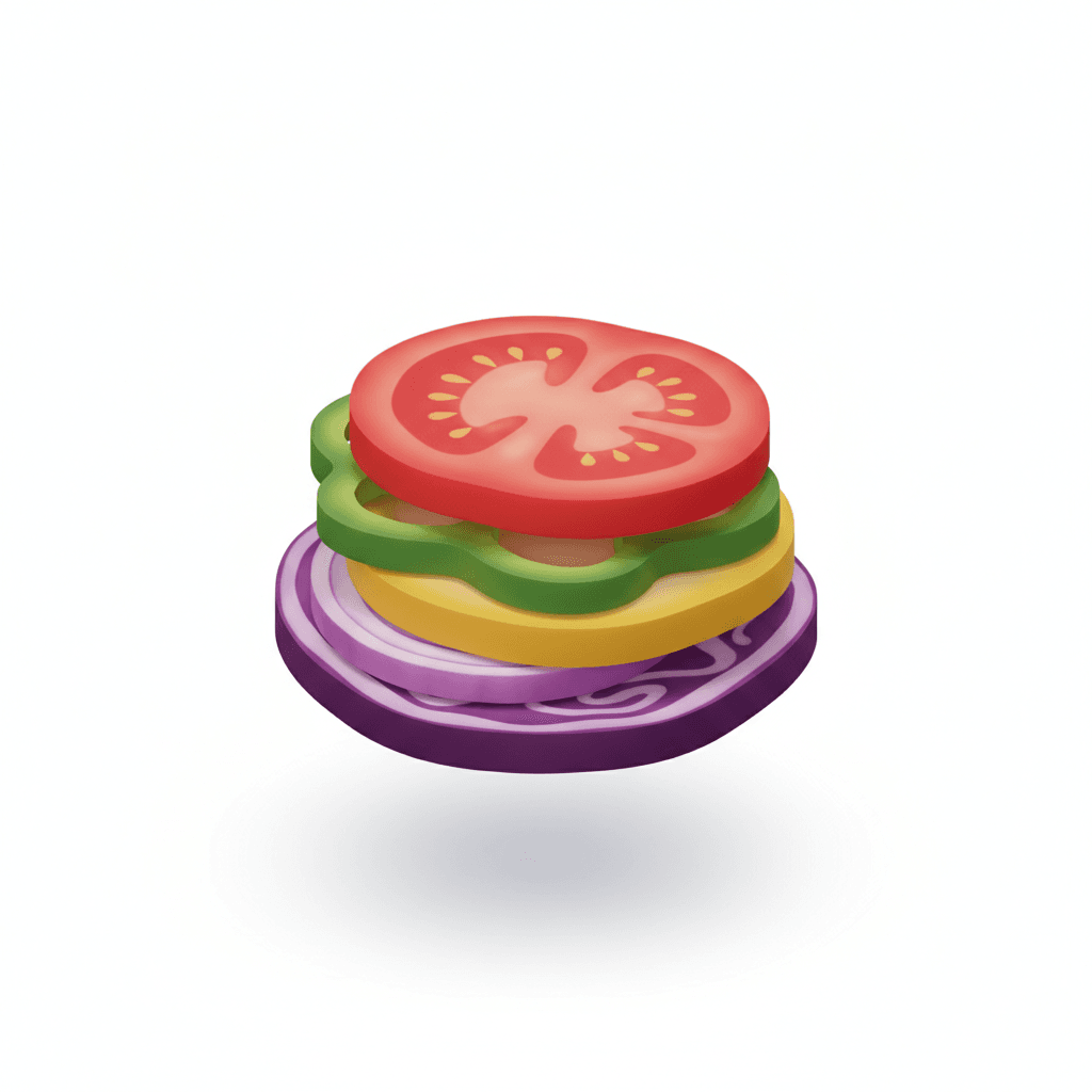 closed smile and layered veggies