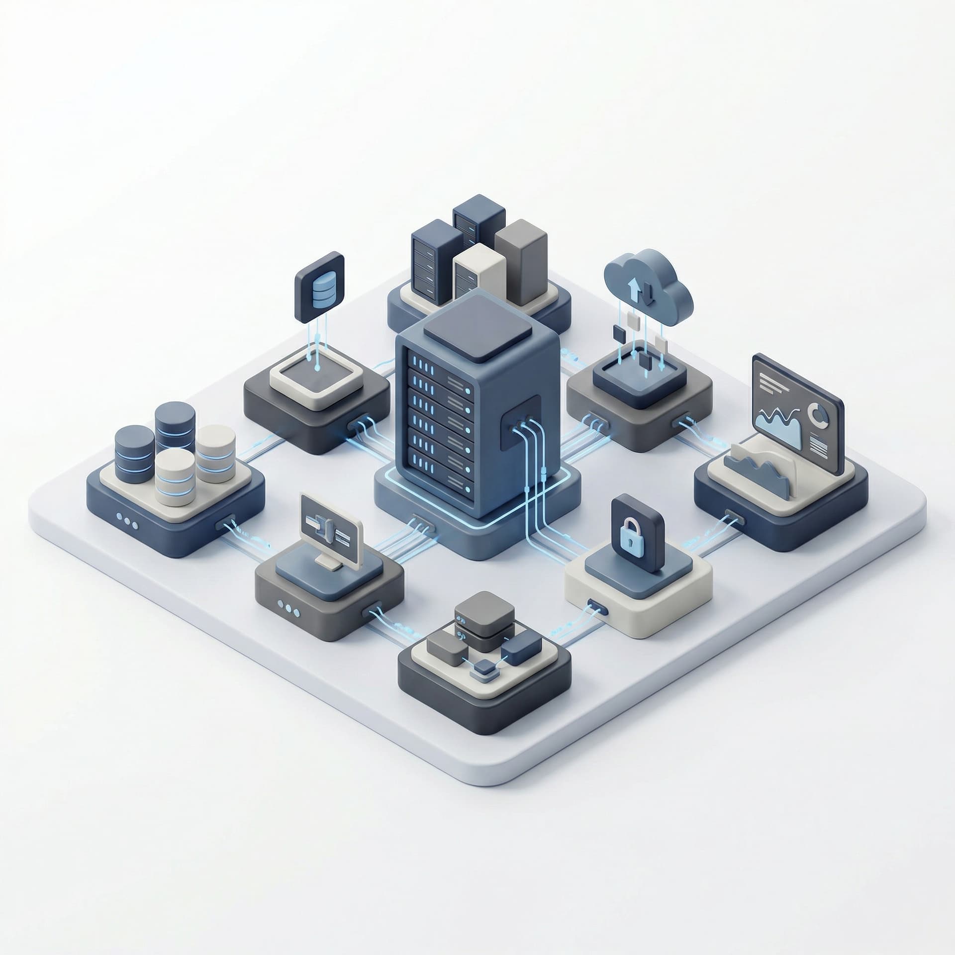 Create an isometric icon of a "Enterprise Software", modern and refined style, soft shading and depth, restrained color palette. 
Integrate #87C8F0 as a subtle highlight color to emphasize important parts of the icon, without overpowering the overall composition.
