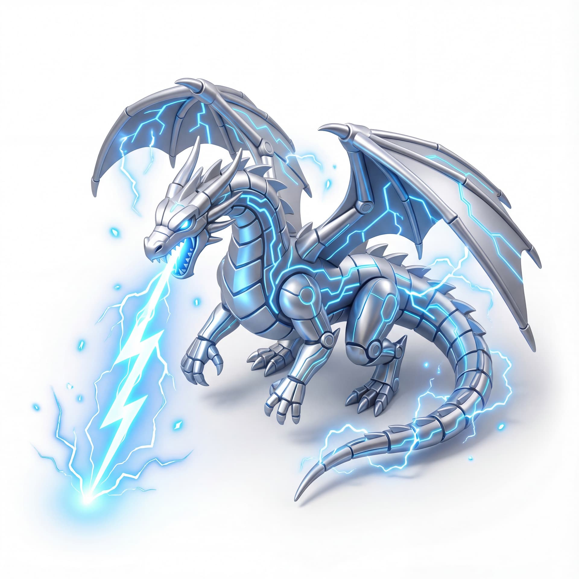 An isometric electric dragon with metallic silver scales and neon-blue circuit-like veins roaring downward while firing a lightning beam, surrounded by crackling electric arcs and glowing ion sparks