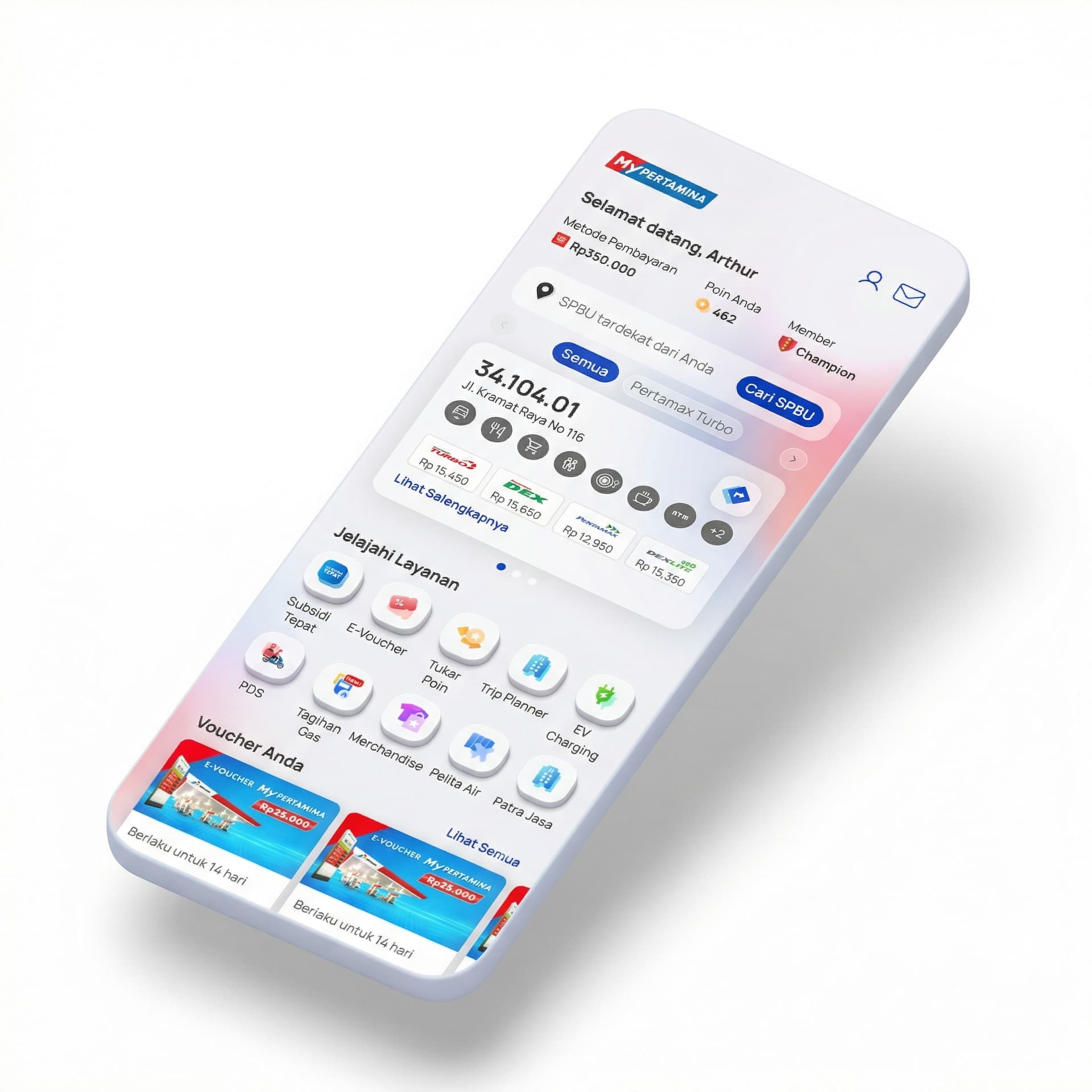 create illustration there are 3 people around SPBU Pertamina and one of them hold phone use "MyPertamina Apps" 