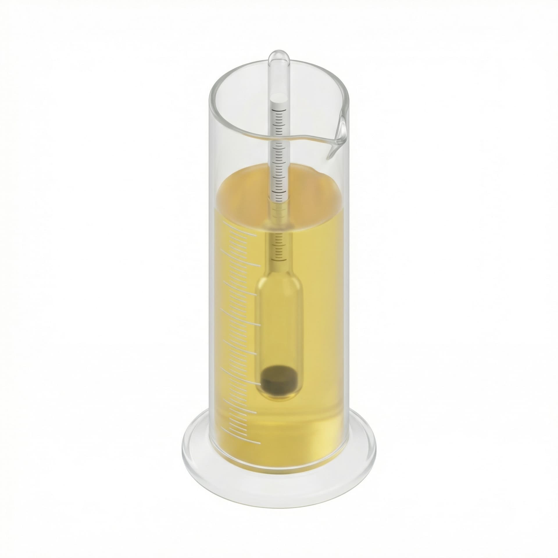 Simple flat illustration of a transparent measuring cylinder filled with yellowish fuel liquid and a fuel testing rod (hydrometer), isolated objects, no hands, no people, no background, clean minimal style