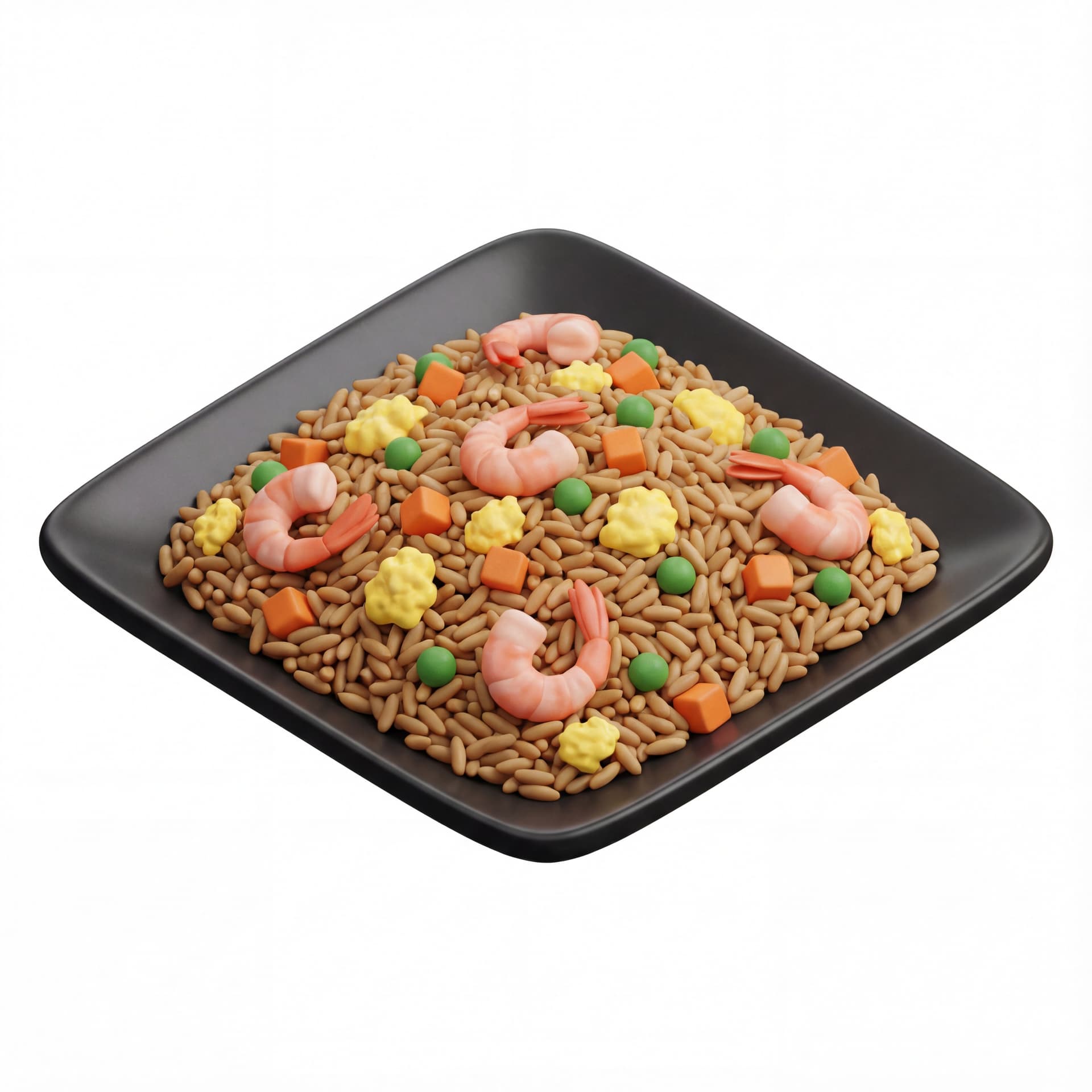 A square black plate holding fried rice with visible rice grains, scrambled egg pieces, diced carrots, green peas, and shrimp.