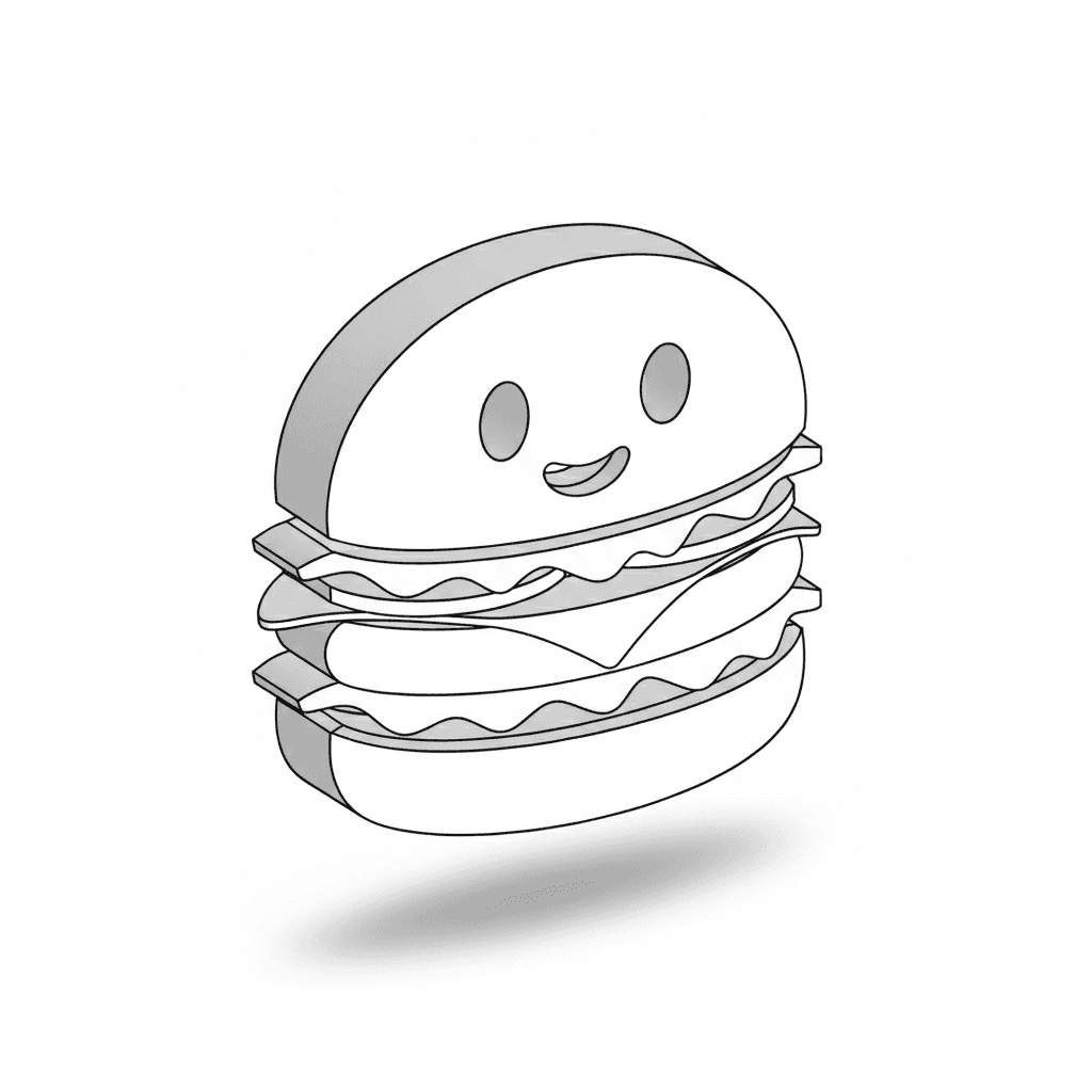 monochrome isometric line icon of a burger character with smiley face