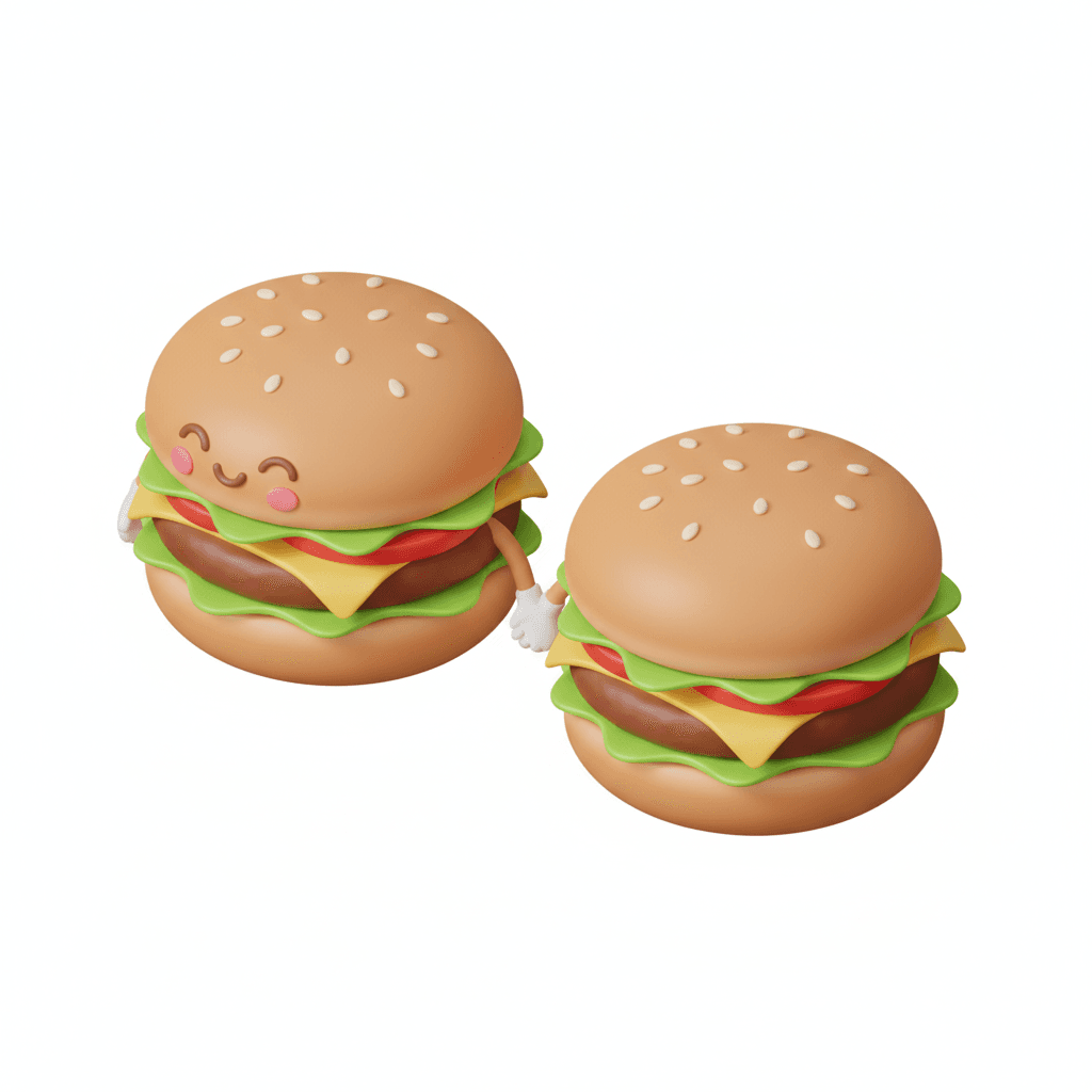 minimal line isometric icon of a blushing burger holding hands with another burger