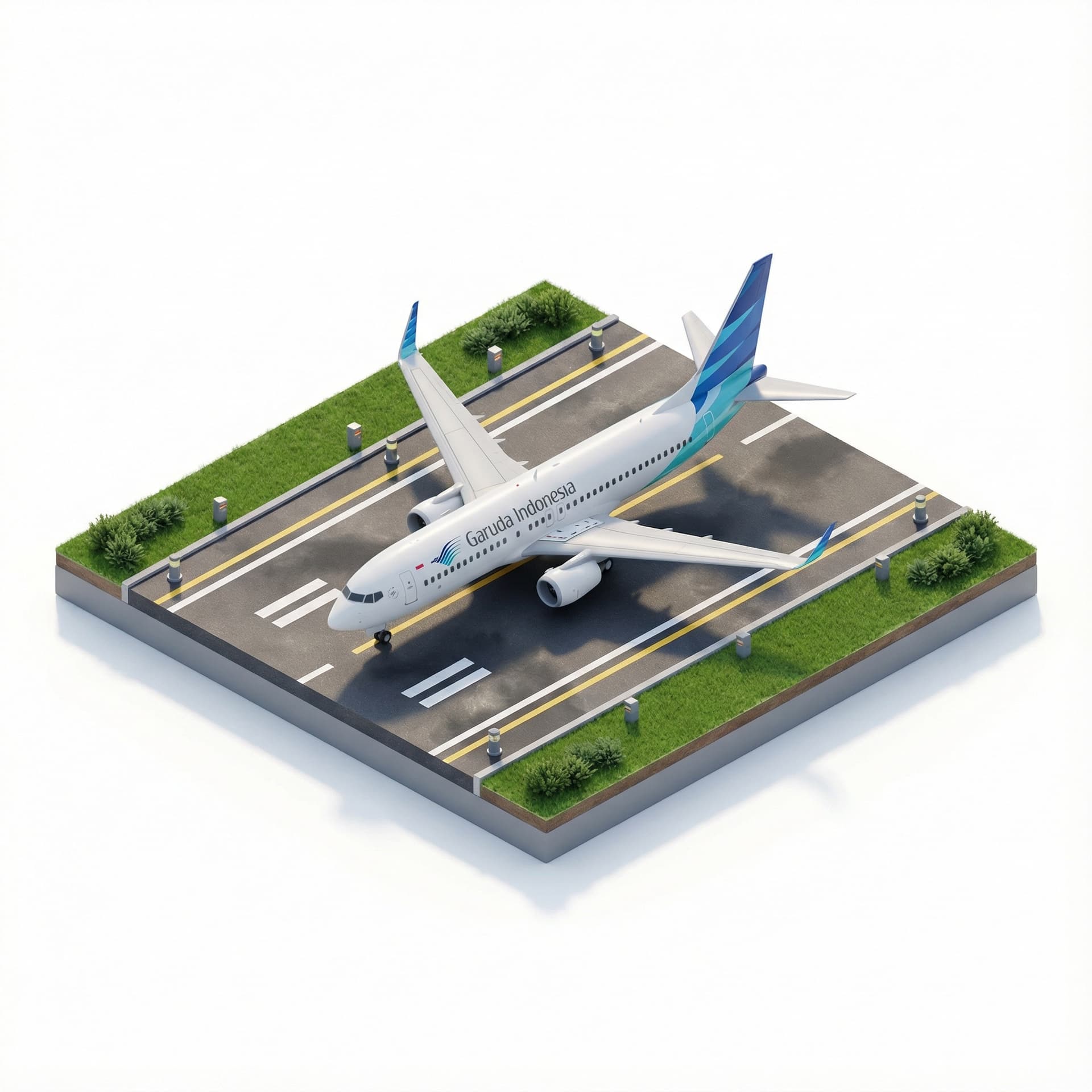 Generate a high-quality 3D isometric diorama at 0° angle featuring a modern twin-engine narrow-body airplane. Use the contemporary garuda indonesia style. Place it on a runway + taxiway transition zone with crisp paint lines, textured asphalt, and subtle ambient reflections. Build the miniature scene on a raised diorama platform with neatly cut grass, low shrubs, and clean airport-edge details.