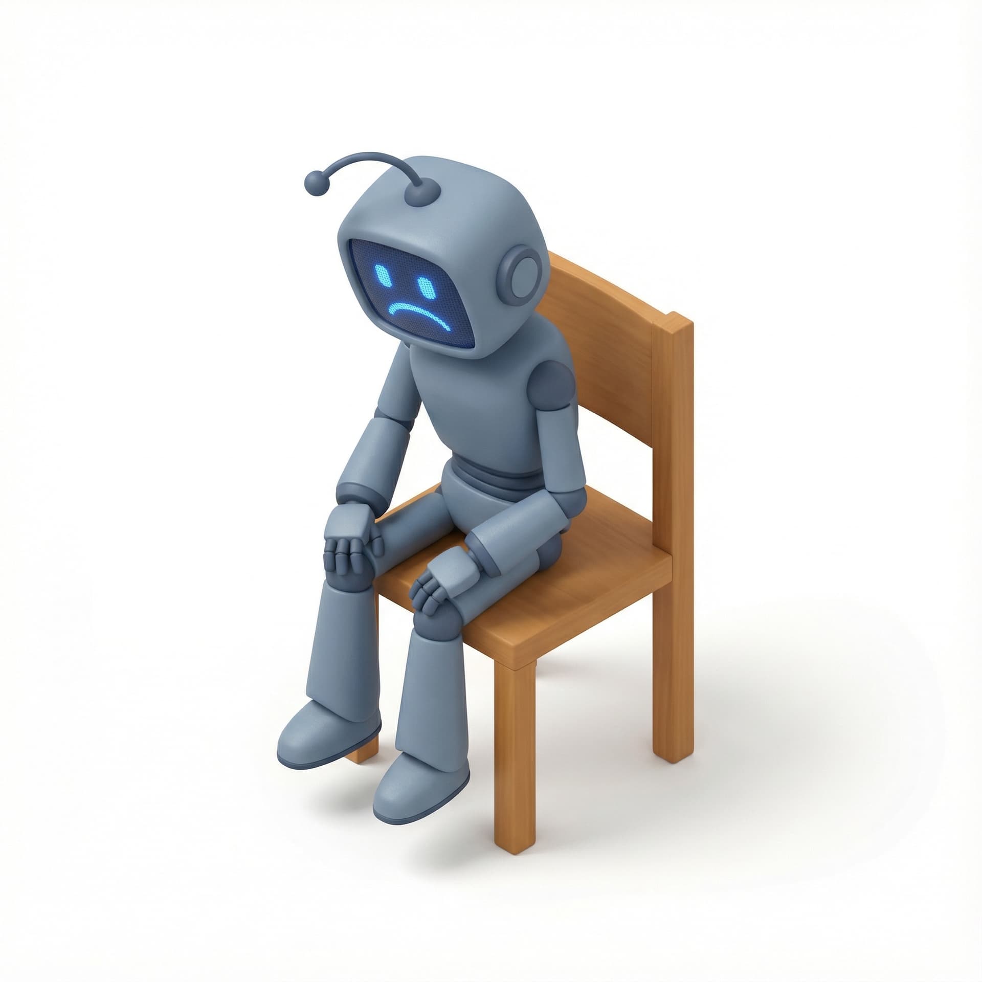 a sad robot sit in chair