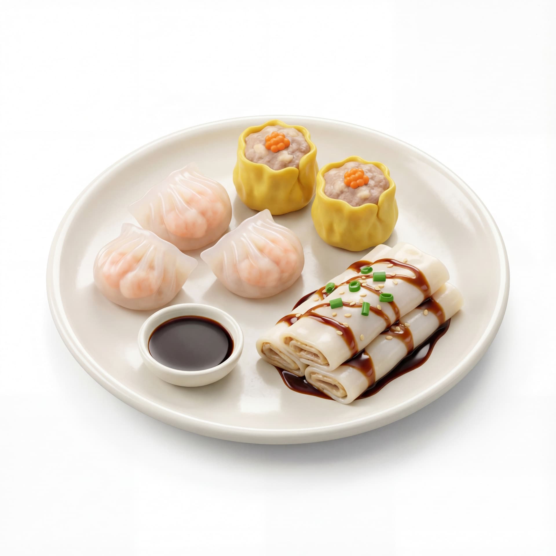 A cartoon Chinese dim sum set on a round plate, including three shrimp dumplings, two pork siu mai, one folded rice noodle roll, and one small dipping sauce bowl.