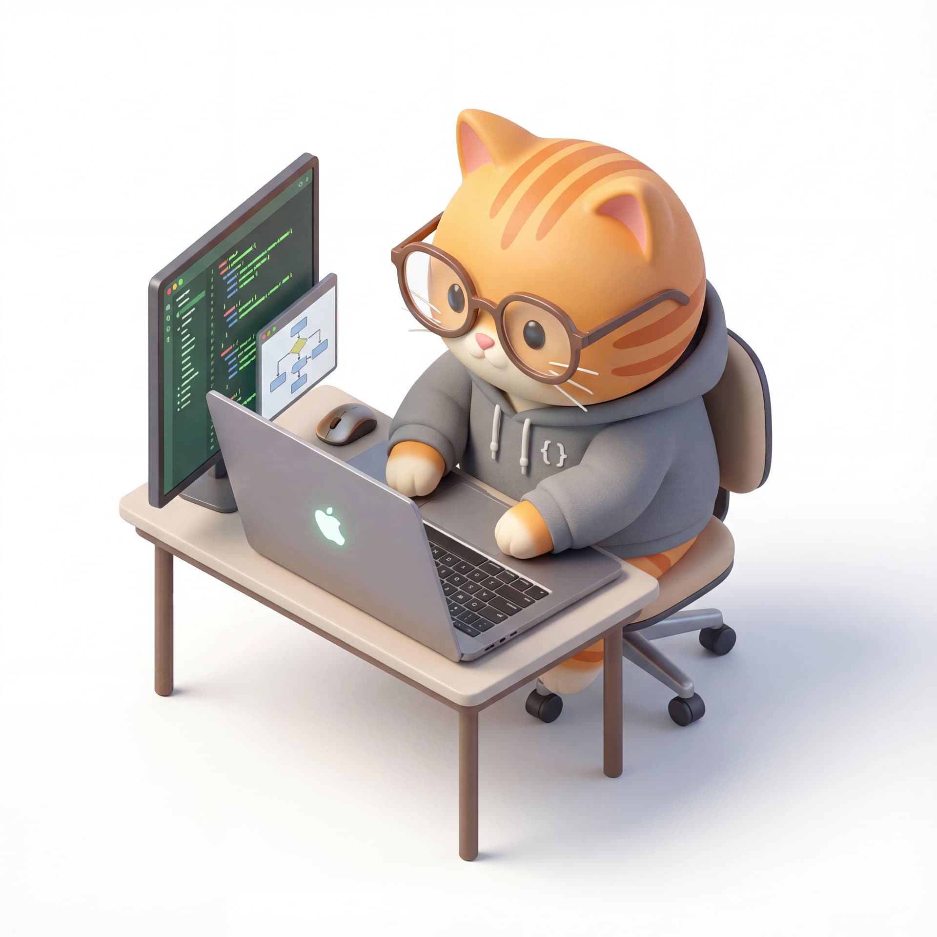 A cute cat software engineer sitting with a laptop, glasses slightly oversized, clean modern cartoon look.