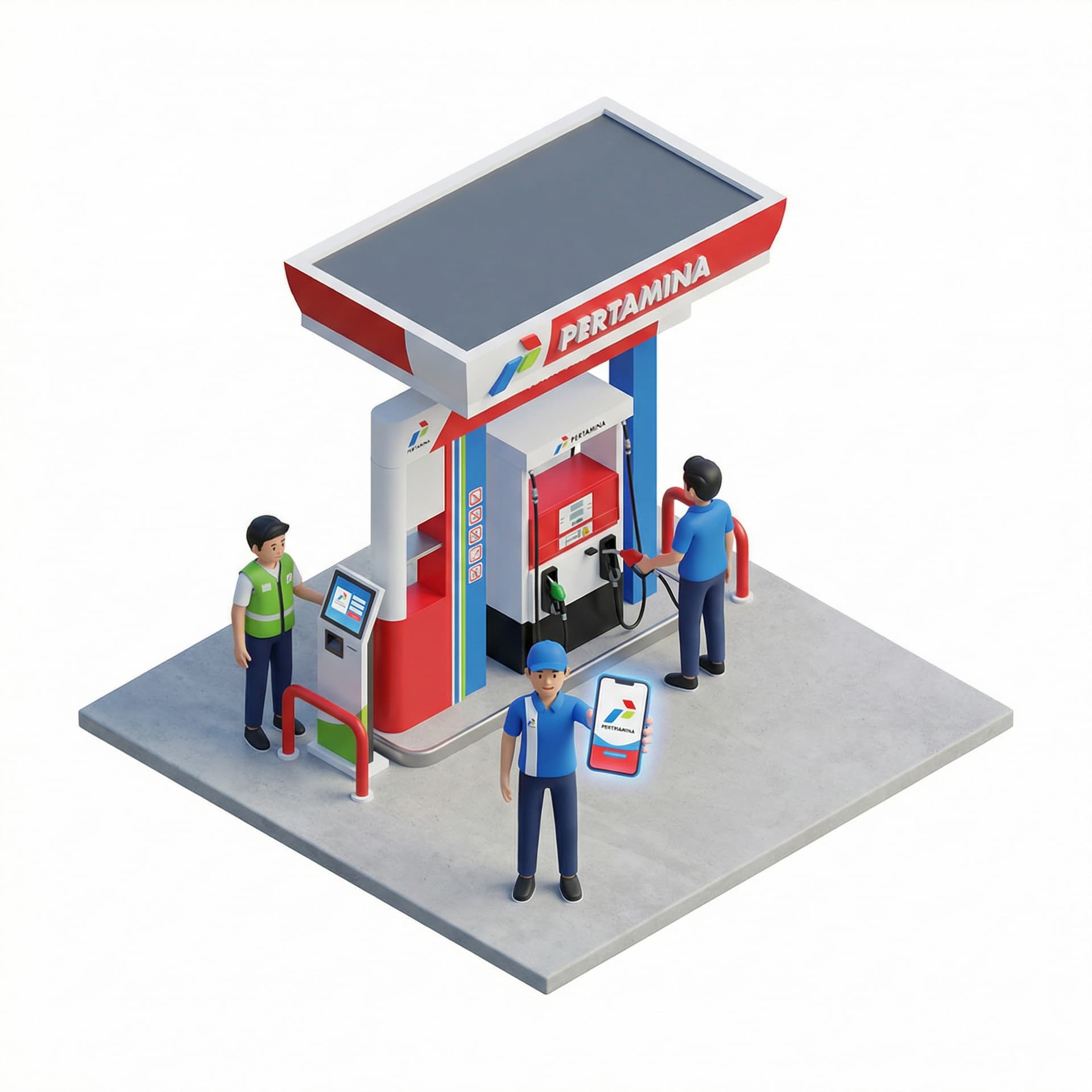 create illustration there are 3 people around SPBU Pertamina and one of them hold phone use "MyPertamina Apps"