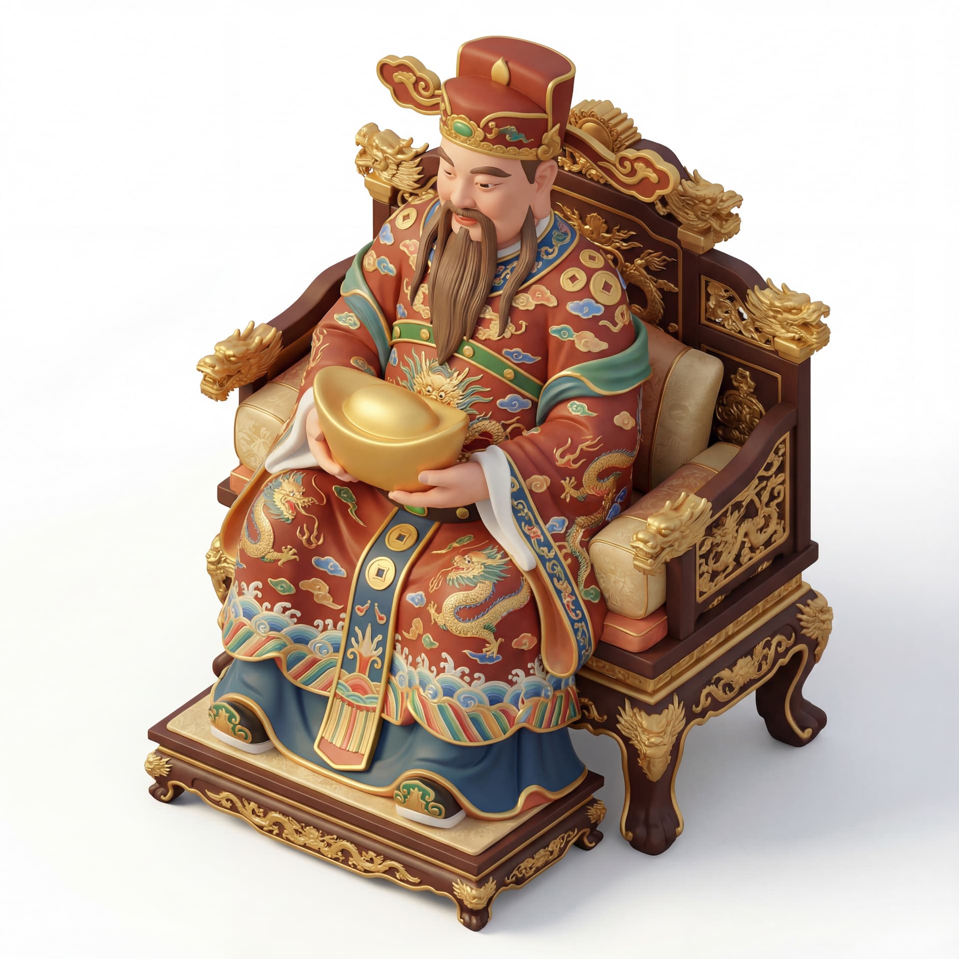 A majestic God of Wealth illustration seated on a ceremonial throne, upright authoritative posture, intricate robe patterns inspired by classical Chinese motifs, hands resting on a wealth ingot, isolated on a white background.